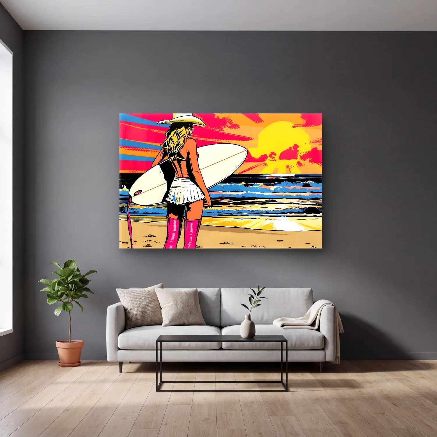 Pop Art Sörf – Pembe Tonlar cam tablo — gri duvarlı salonda