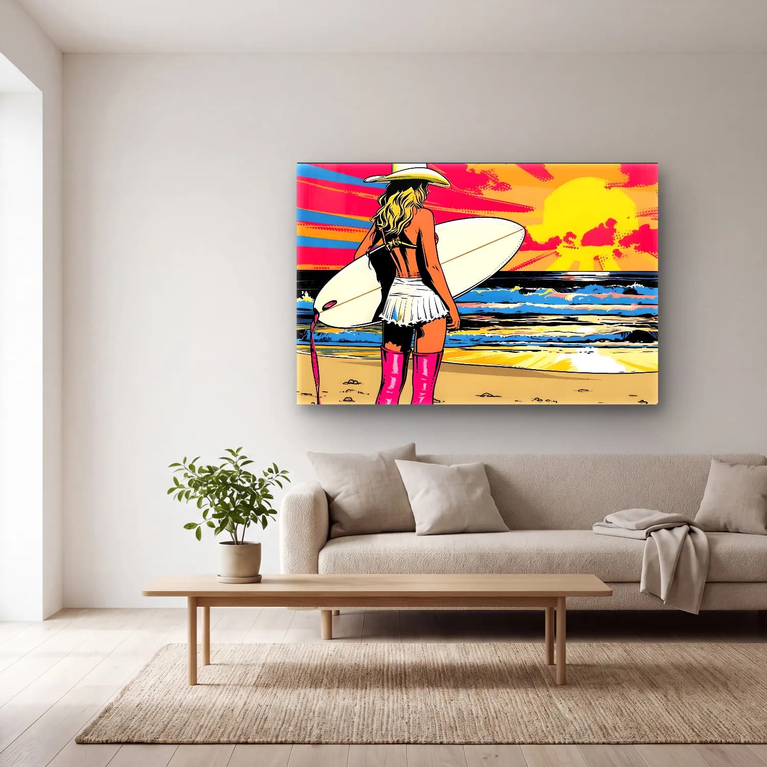 Pop Art Sörf – Pembe Tonlar cam tablo — açık renk salonda