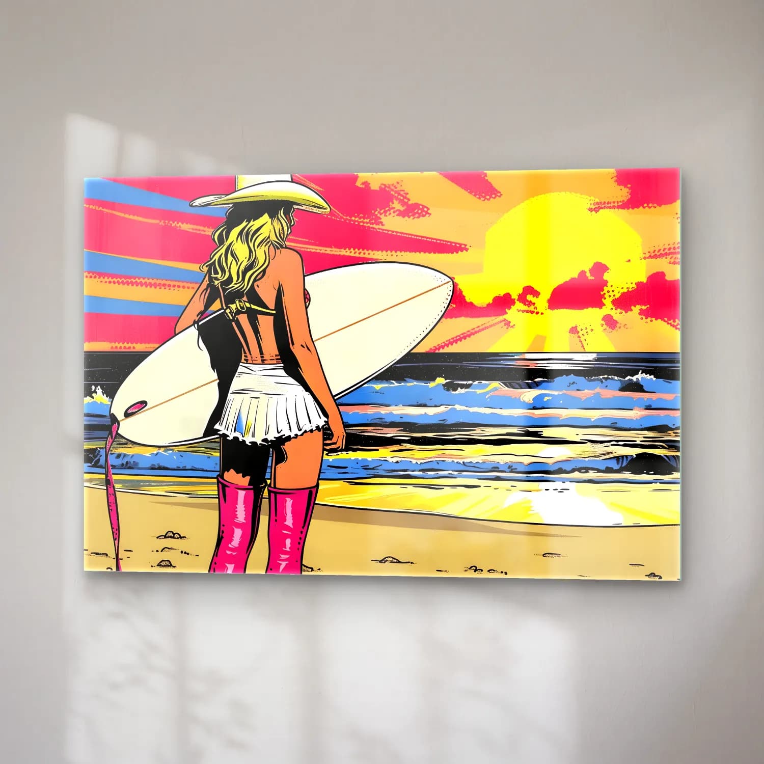 Pop Art Sörf – Pembe Tonlar cam tablo — sağ açıdan görünüm