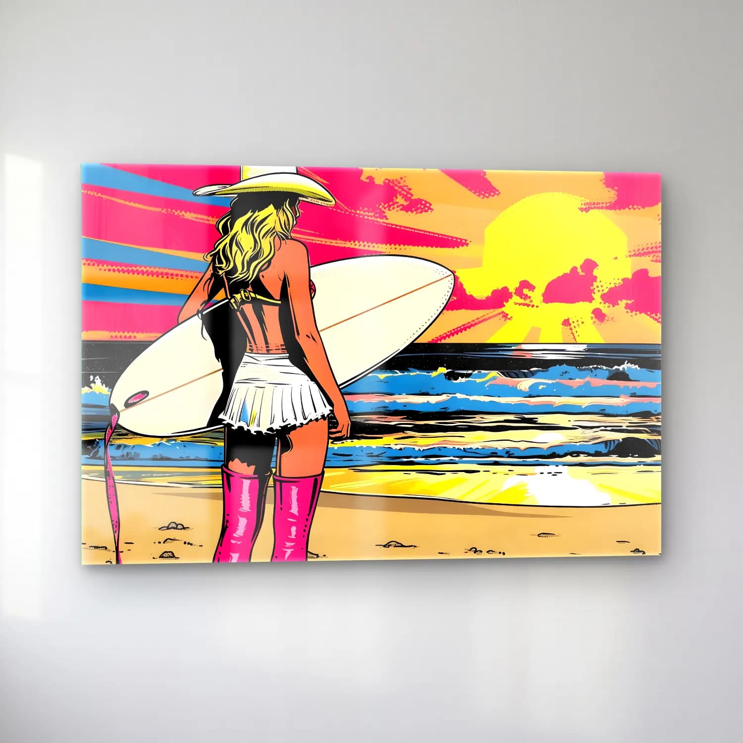 Pop Art Sörf – Pembe Tonlar cam tablo — sol açıdan görünüm