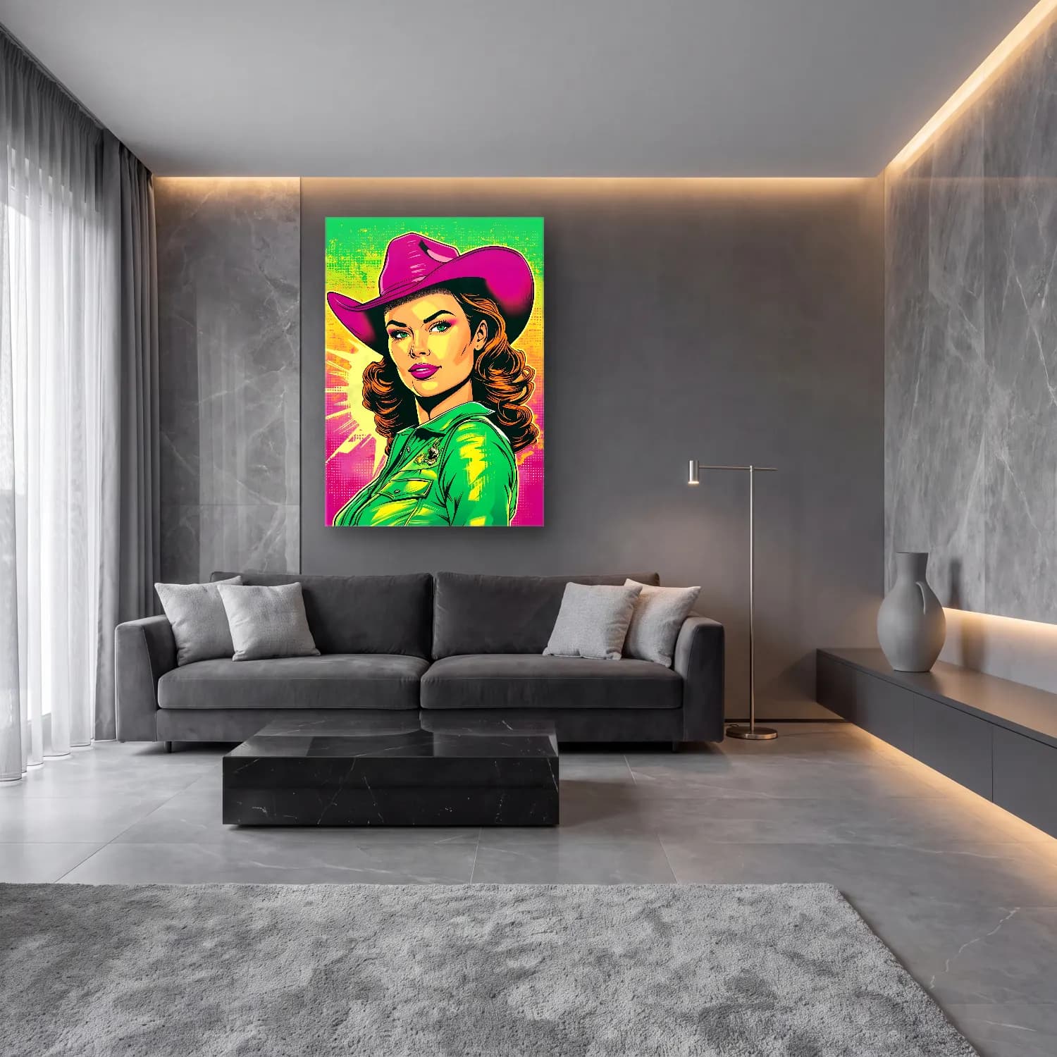 Pop Art Şapkalı Kadın No. 3 cam tablo — lüks salon duvarında