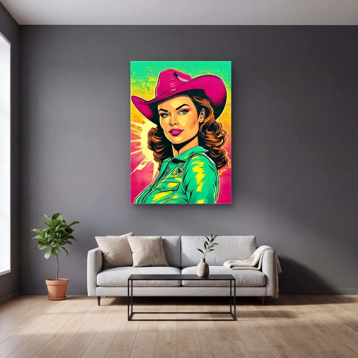 Pop Art Şapkalı Kadın No. 3 cam tablo — gri duvarlı salonda