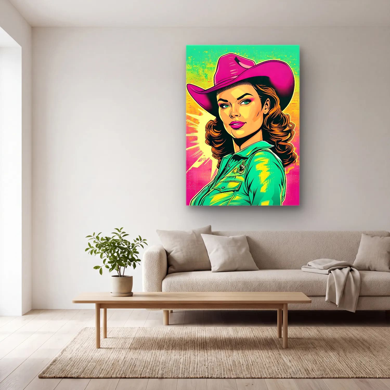 Pop Art Şapkalı Kadın No. 3 cam tablo — açık renk salonda