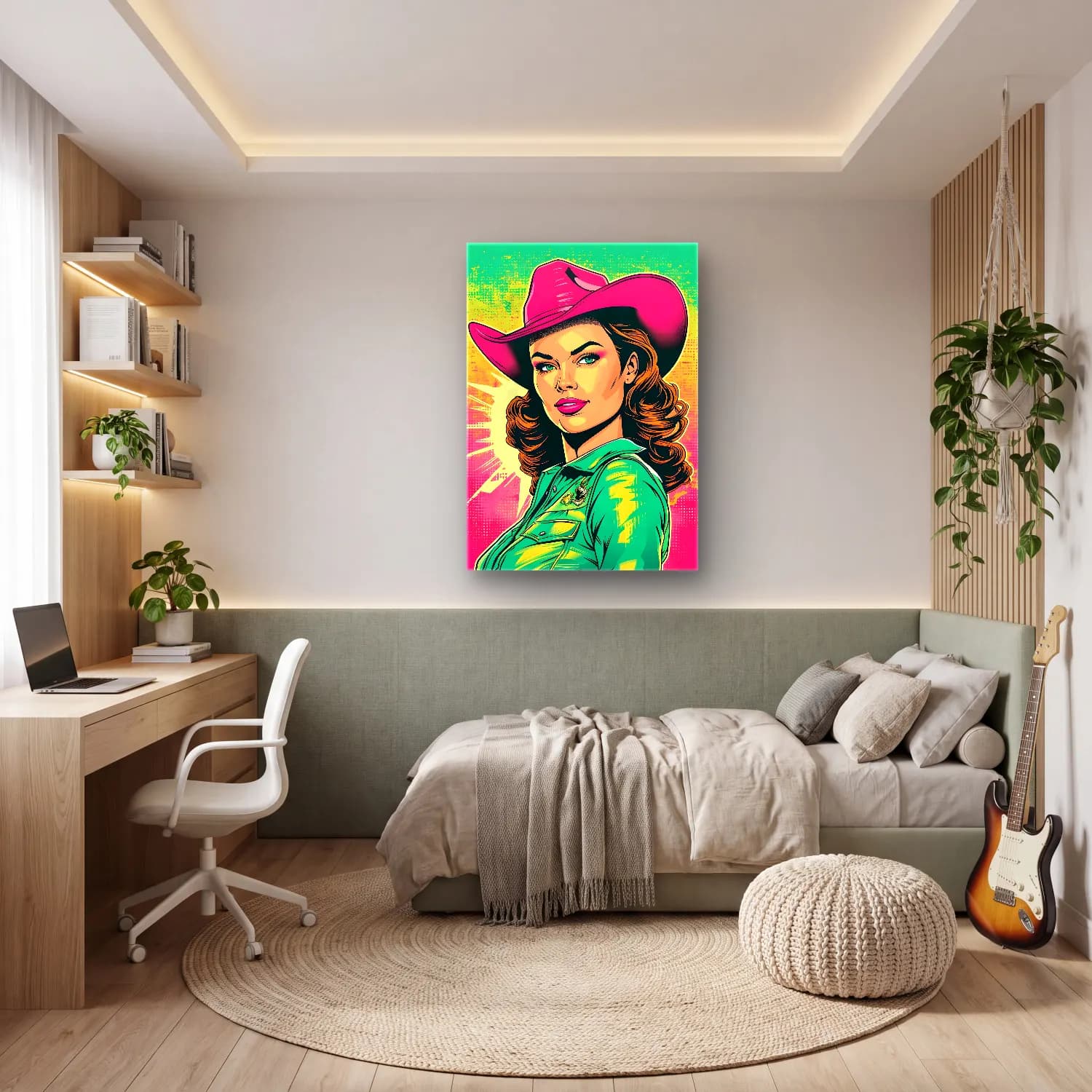 Pop Art Şapkalı Kadın No. 3 cam tablo — genç odasında
