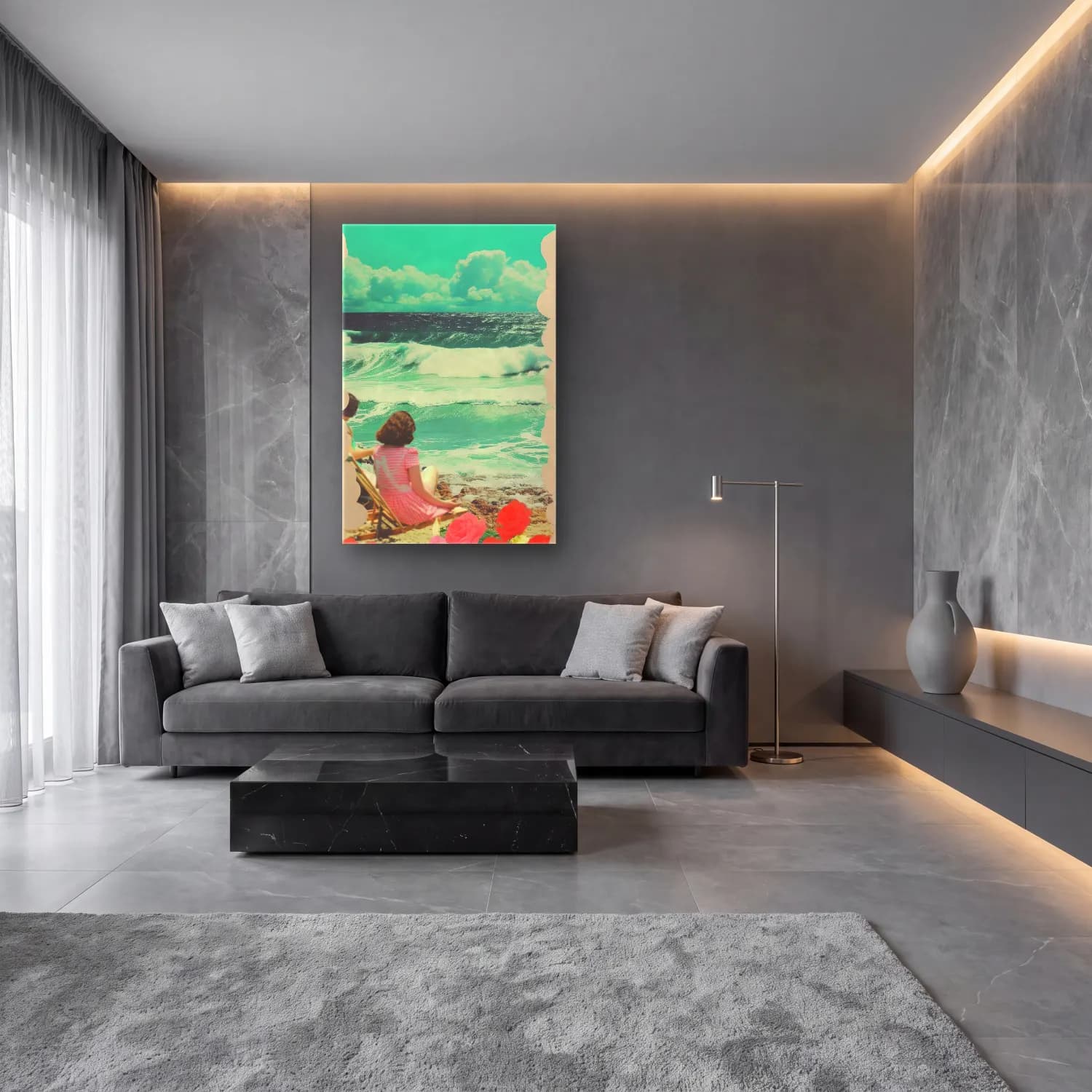 Pastel Sahilde İnsanlar – Turkuaz Tonlar cam tablo — lüks salon duvarında