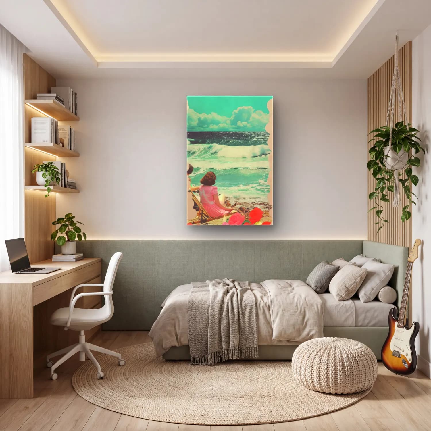 Pastel Sahilde İnsanlar – Turkuaz Tonlar cam tablo — genç odasında