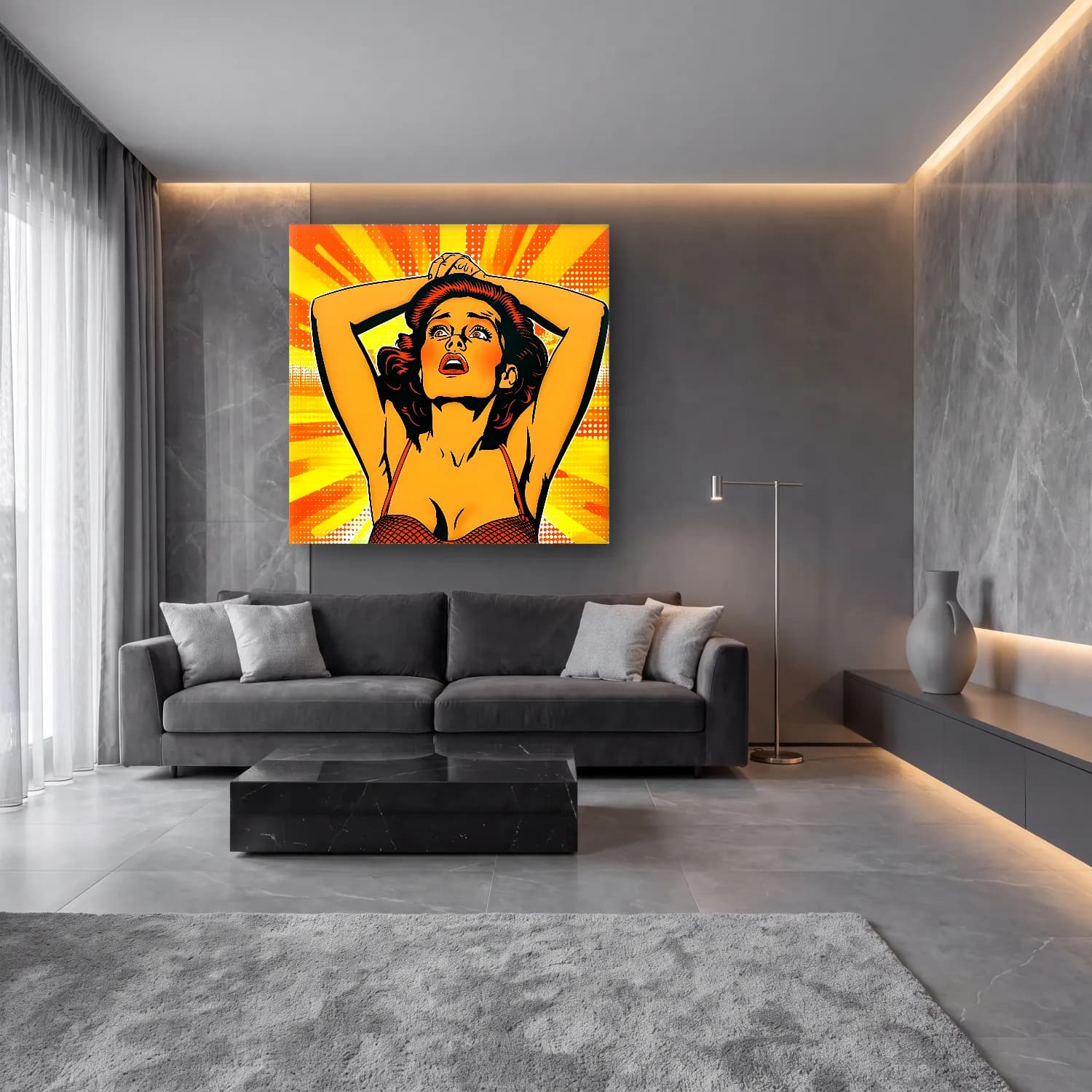 Pop Art Kadın Portresi No. 30 cam tablo — lüks salon duvarında