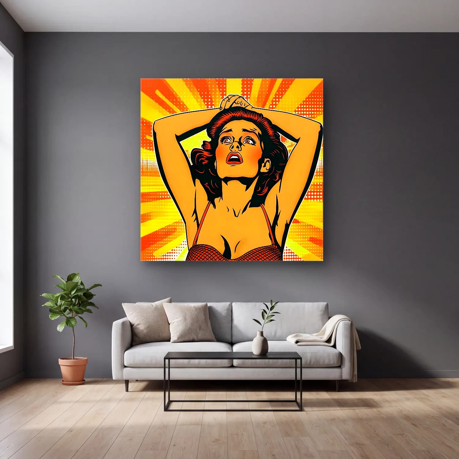 Pop Art Kadın Portresi No. 30 cam tablo — gri duvarlı salonda