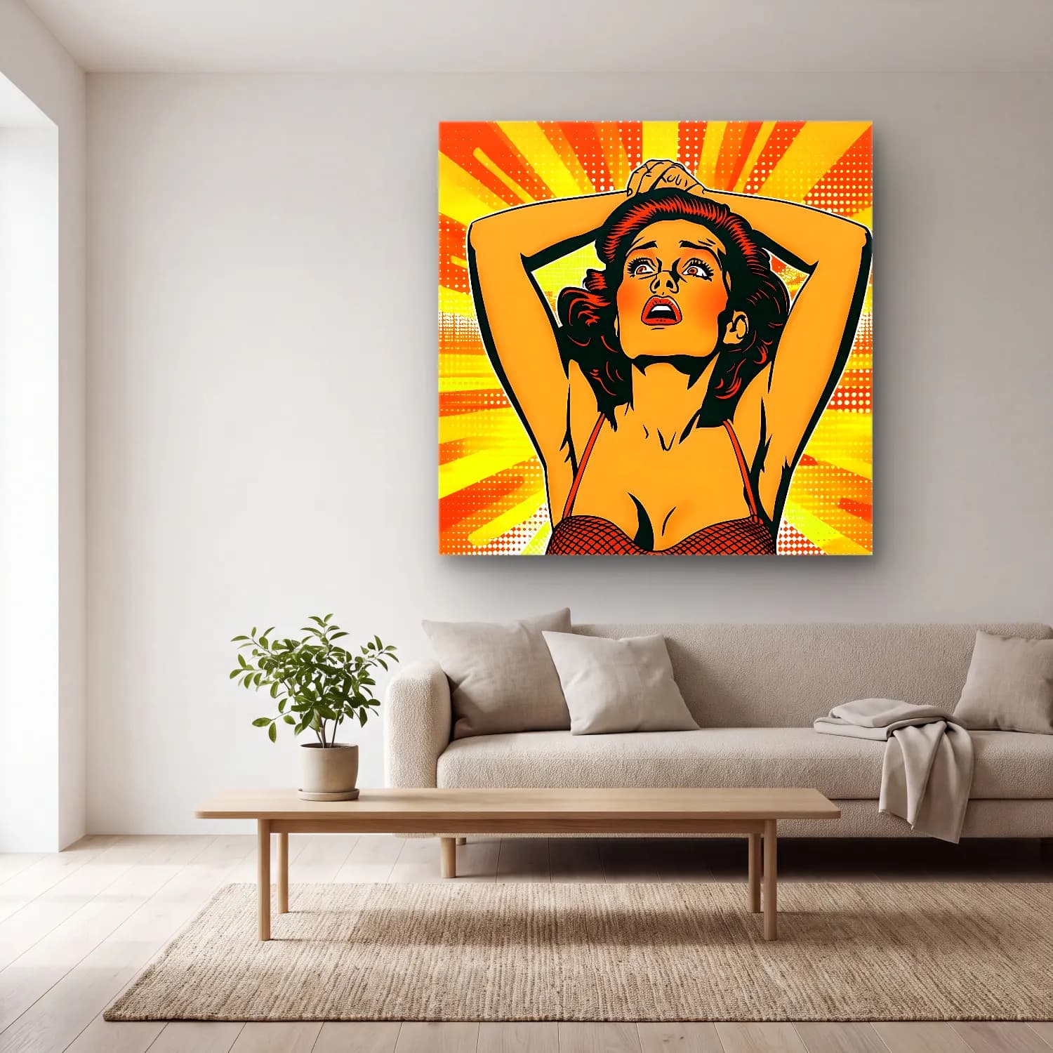 Pop Art Kadın Portresi No. 30 cam tablo — açık renk salonda
