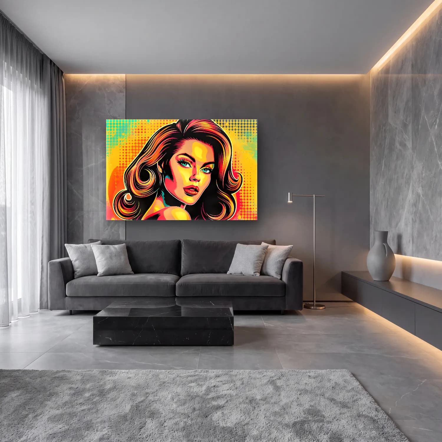 Pop Art Moda İllüstrasyonu No. 23 cam tablo — lüks salon duvarında