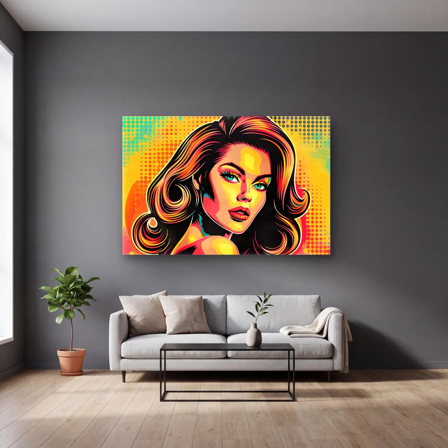 Pop Art Moda İllüstrasyonu No. 23 cam tablo — gri duvarlı salonda