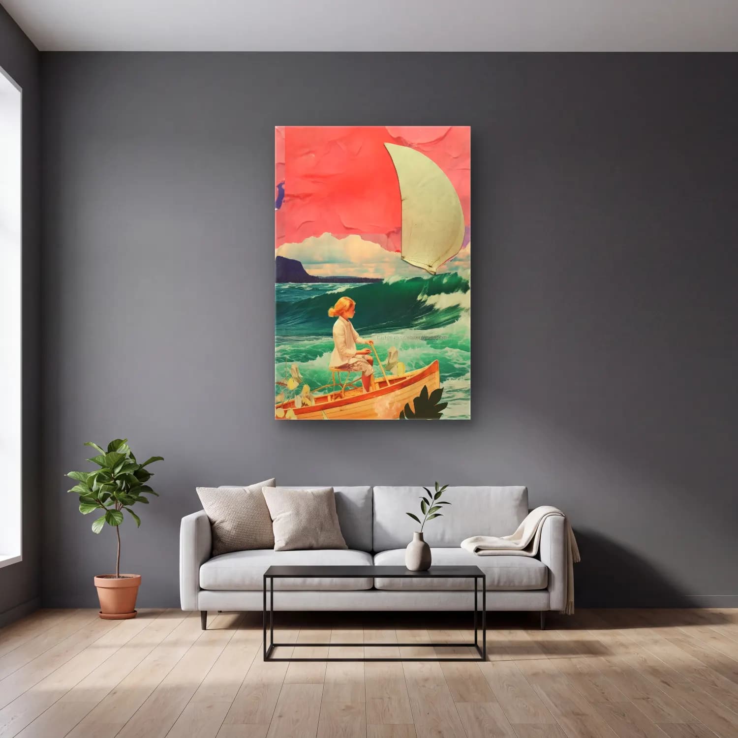 Pastel Yelken Yarışı No. 5 cam tablo — gri duvarlı salonda