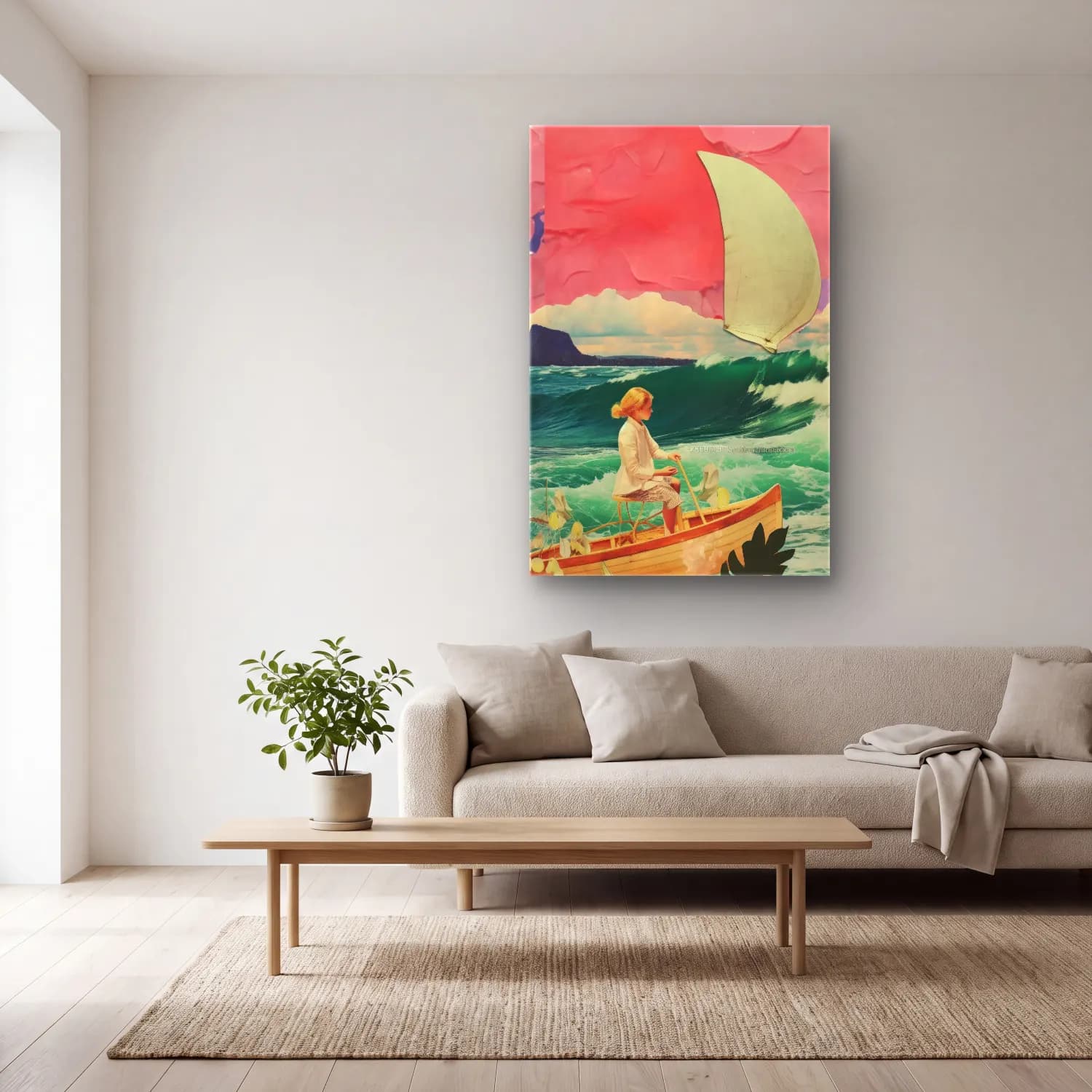Pastel Yelken Yarışı No. 5 cam tablo — açık renk salonda