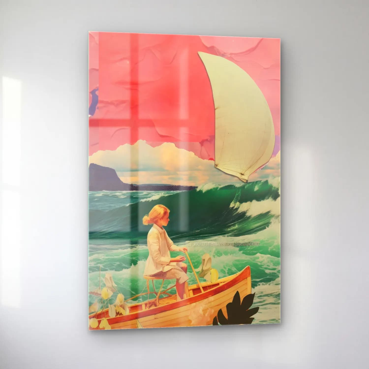 Pastel Yelken Yarışı No. 5 cam tablo — sol açıdan görünüm
