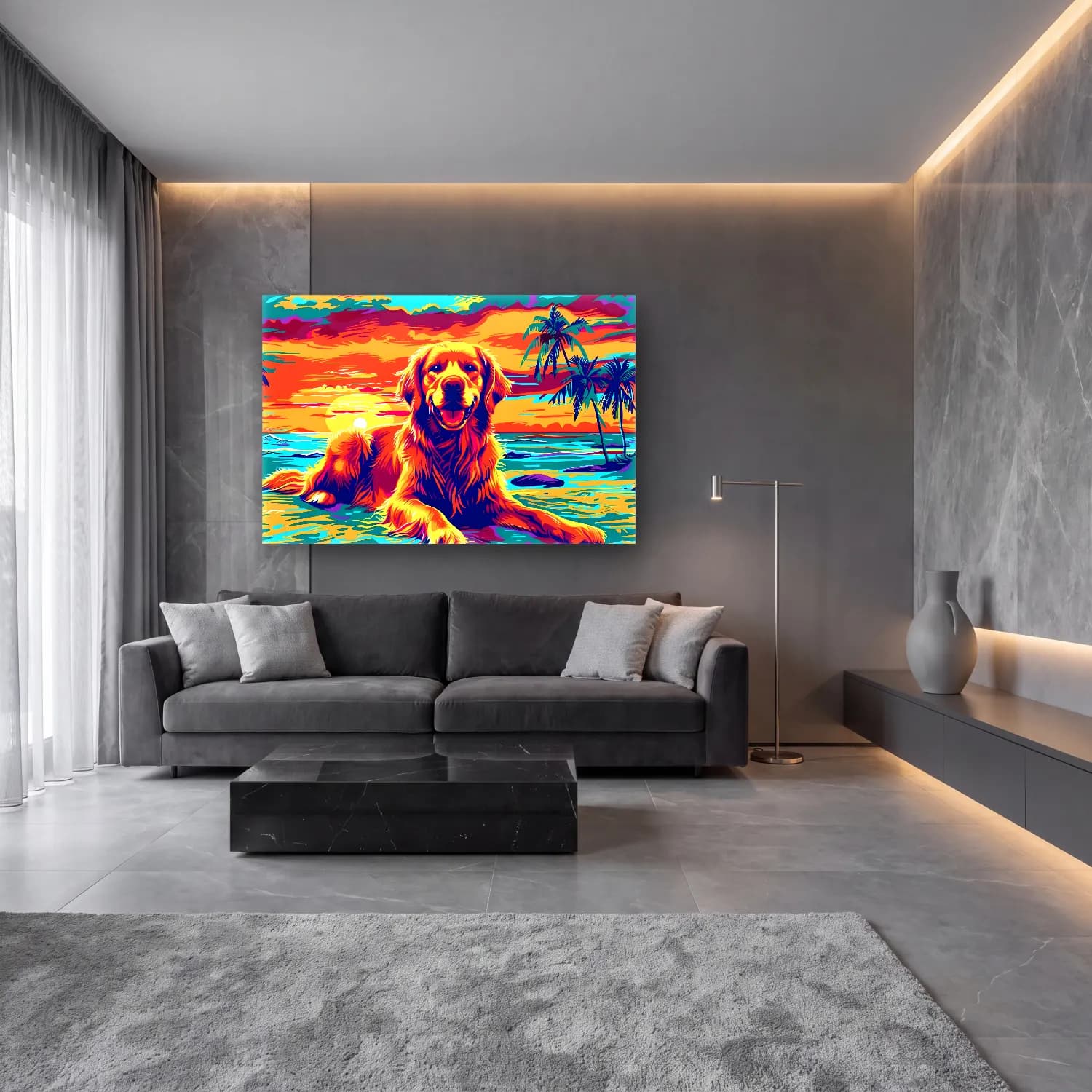 Empresyonist Köpek – Turkuaz Tonlar cam tablo — lüks salon duvarında