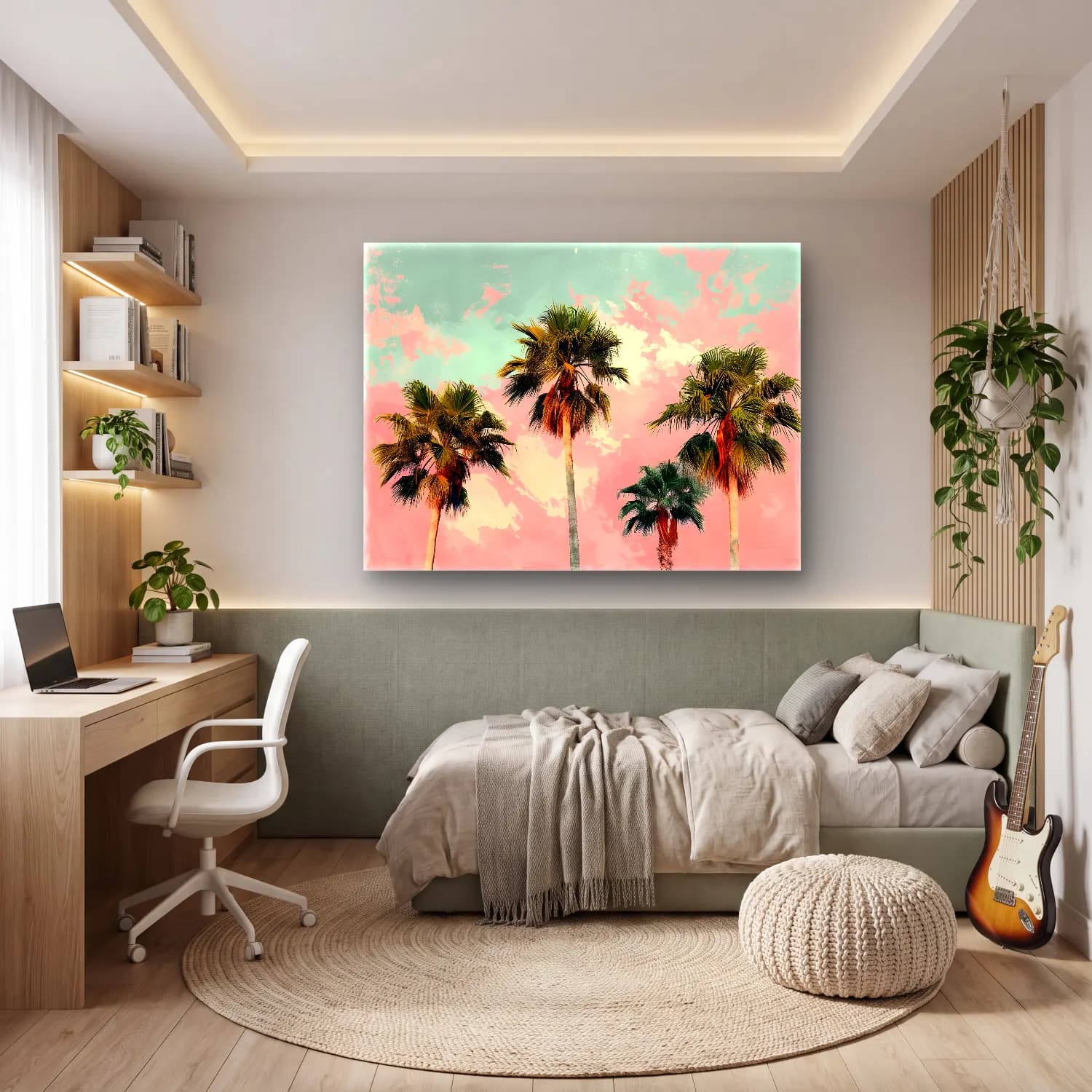 Pastel Palmiyeli Tropik Sahil No. 37 cam tablo — genç odasında