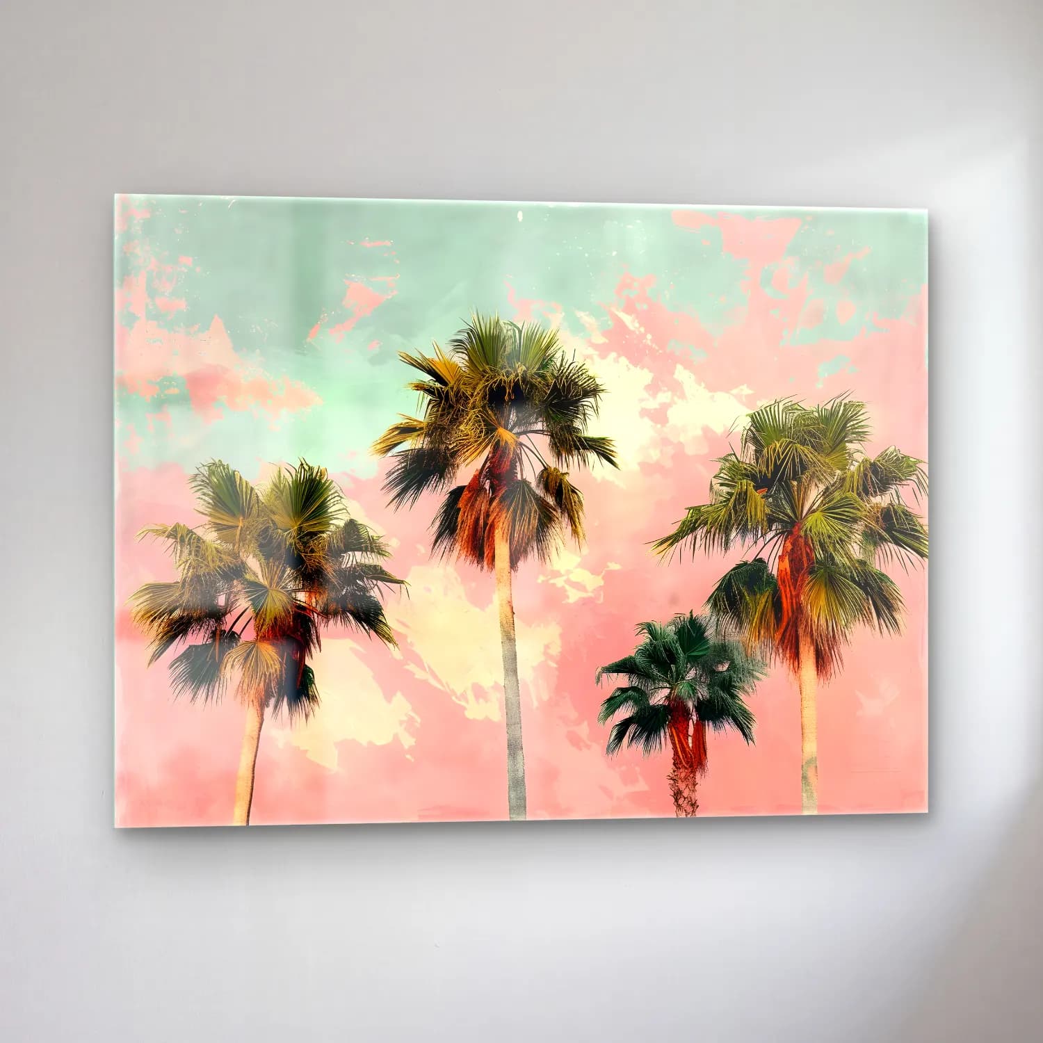Pastel Palmiyeli Tropik Sahil No. 37 cam tablo — sol açıdan görünüm