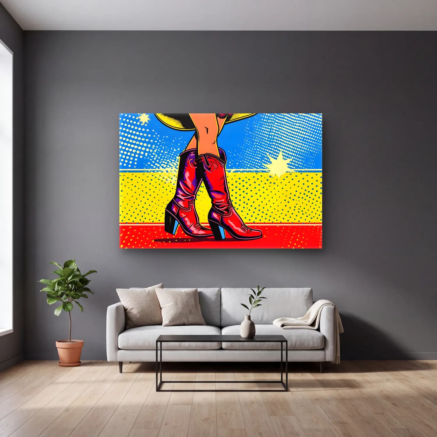 Pop Art Topuklu Ayakkabı ve Çanta cam tablo — gri duvarlı salonda