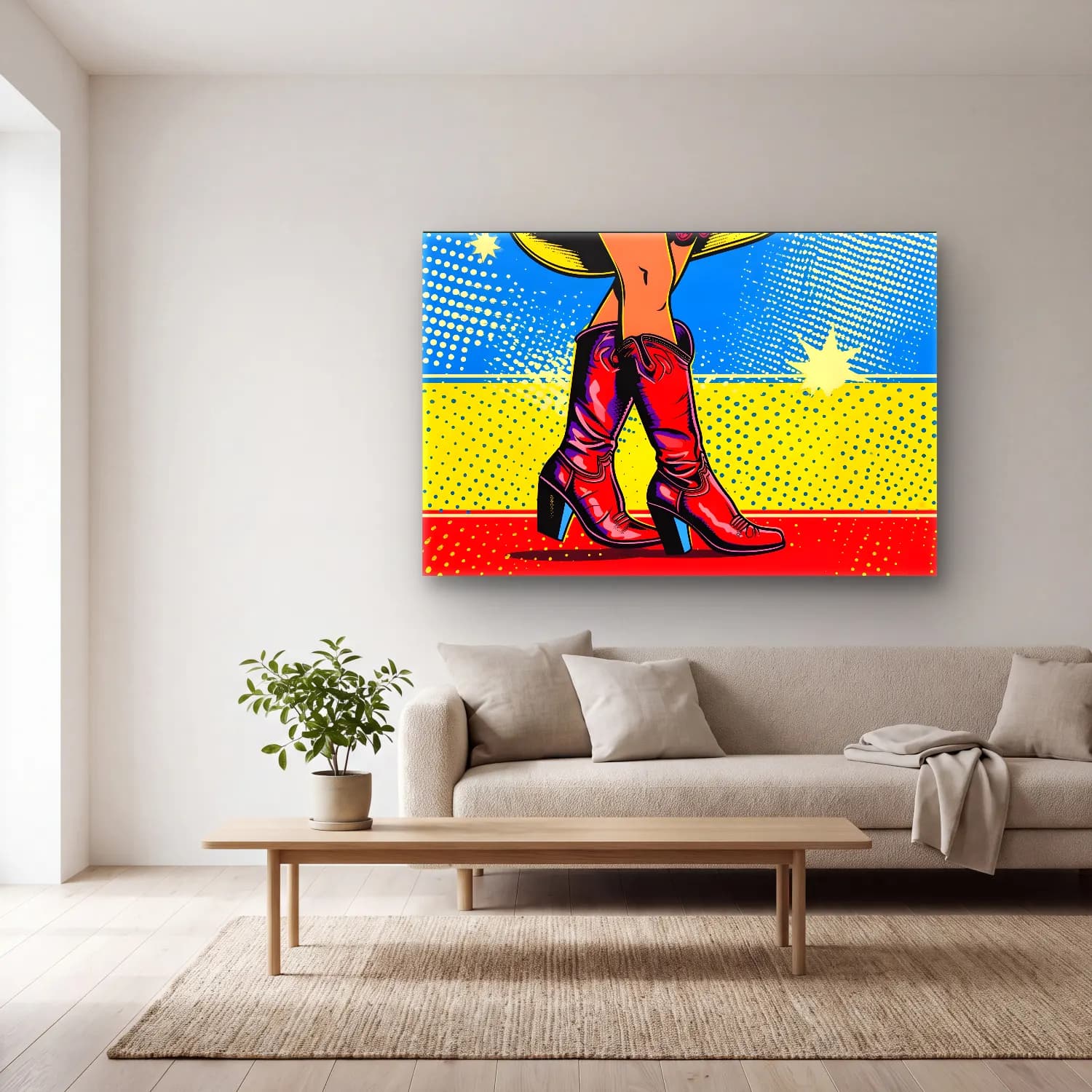 Pop Art Topuklu Ayakkabı ve Çanta cam tablo — açık renk salonda