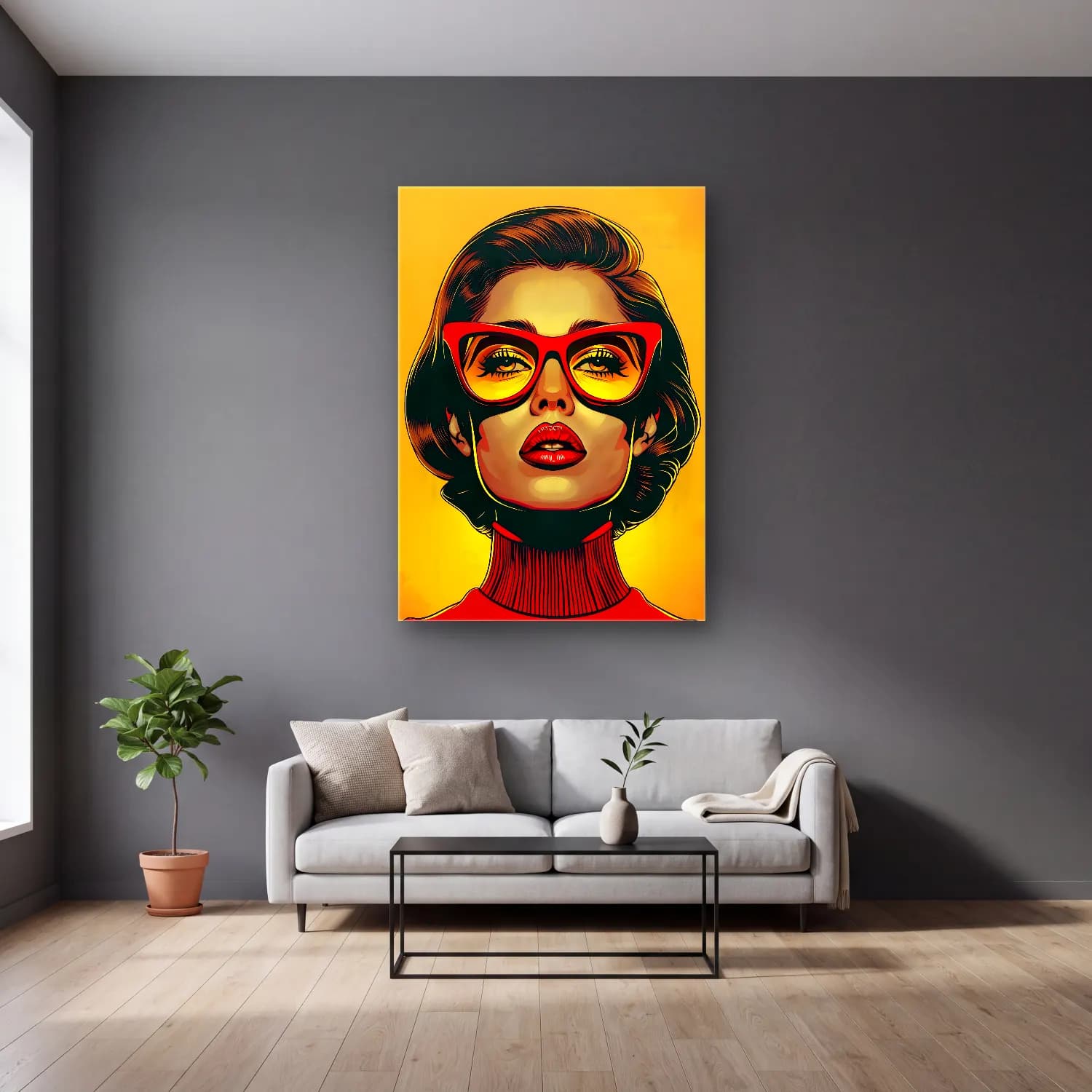 Pop Art Moda İllüstrasyonu No. 33 cam tablo — gri duvarlı salonda