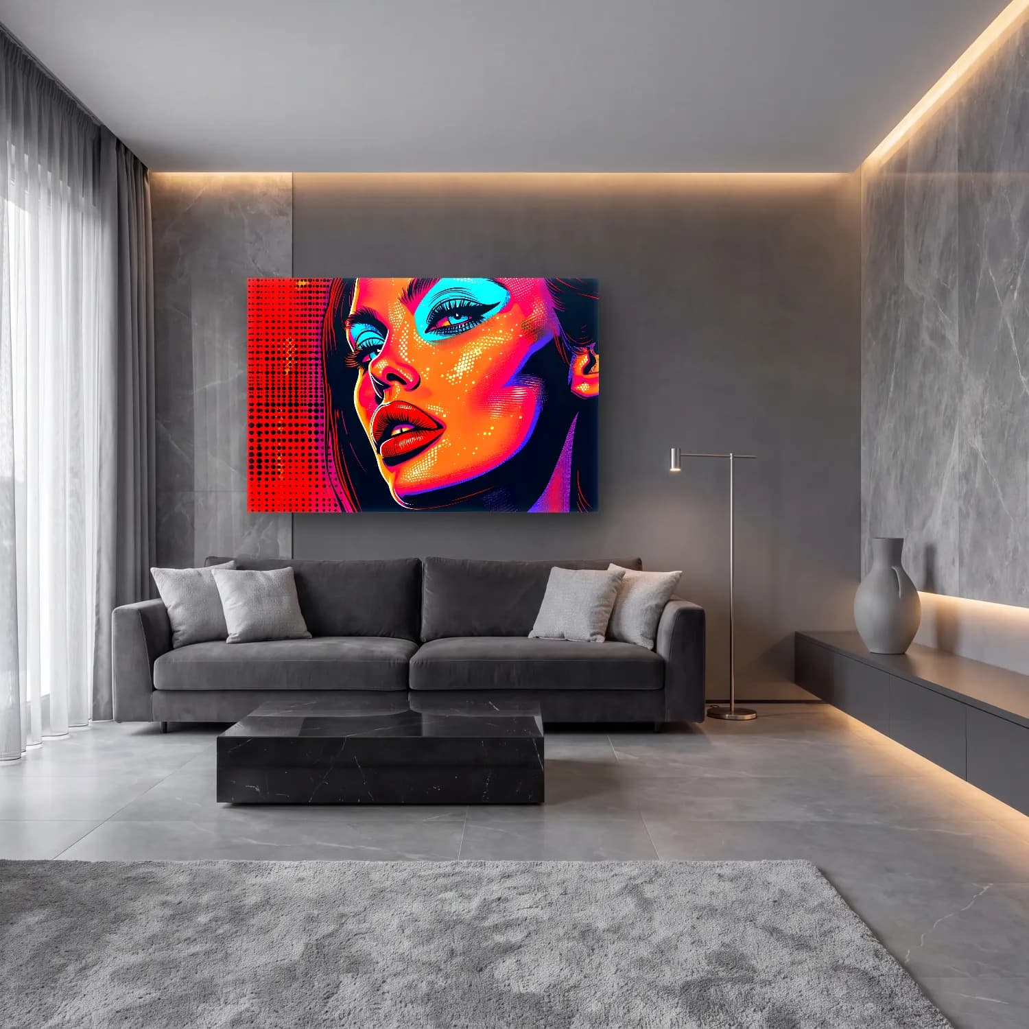 Pop Art Kadın Portresi No. 37 cam tablo — lüks salon duvarında