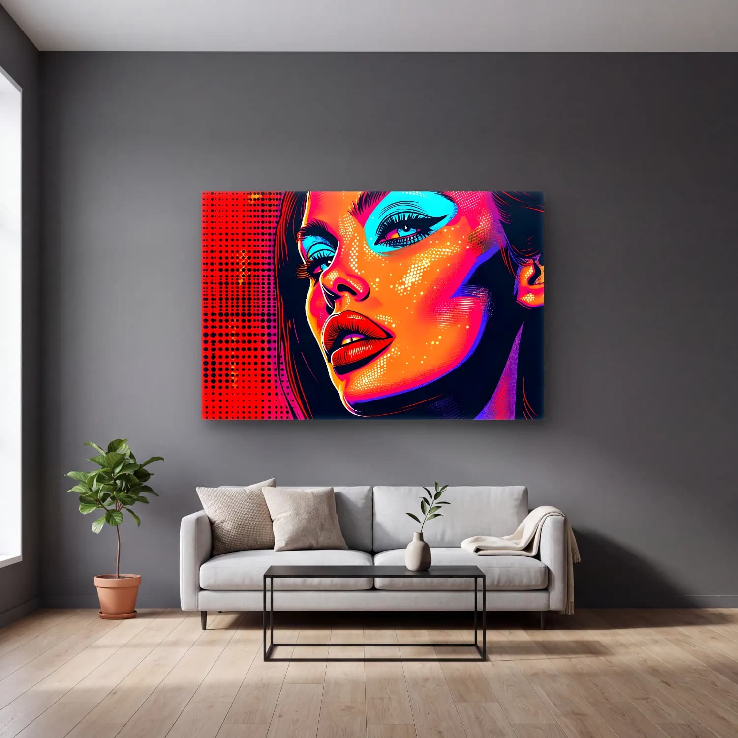 Pop Art Kadın Portresi No. 37 cam tablo — gri duvarlı salonda