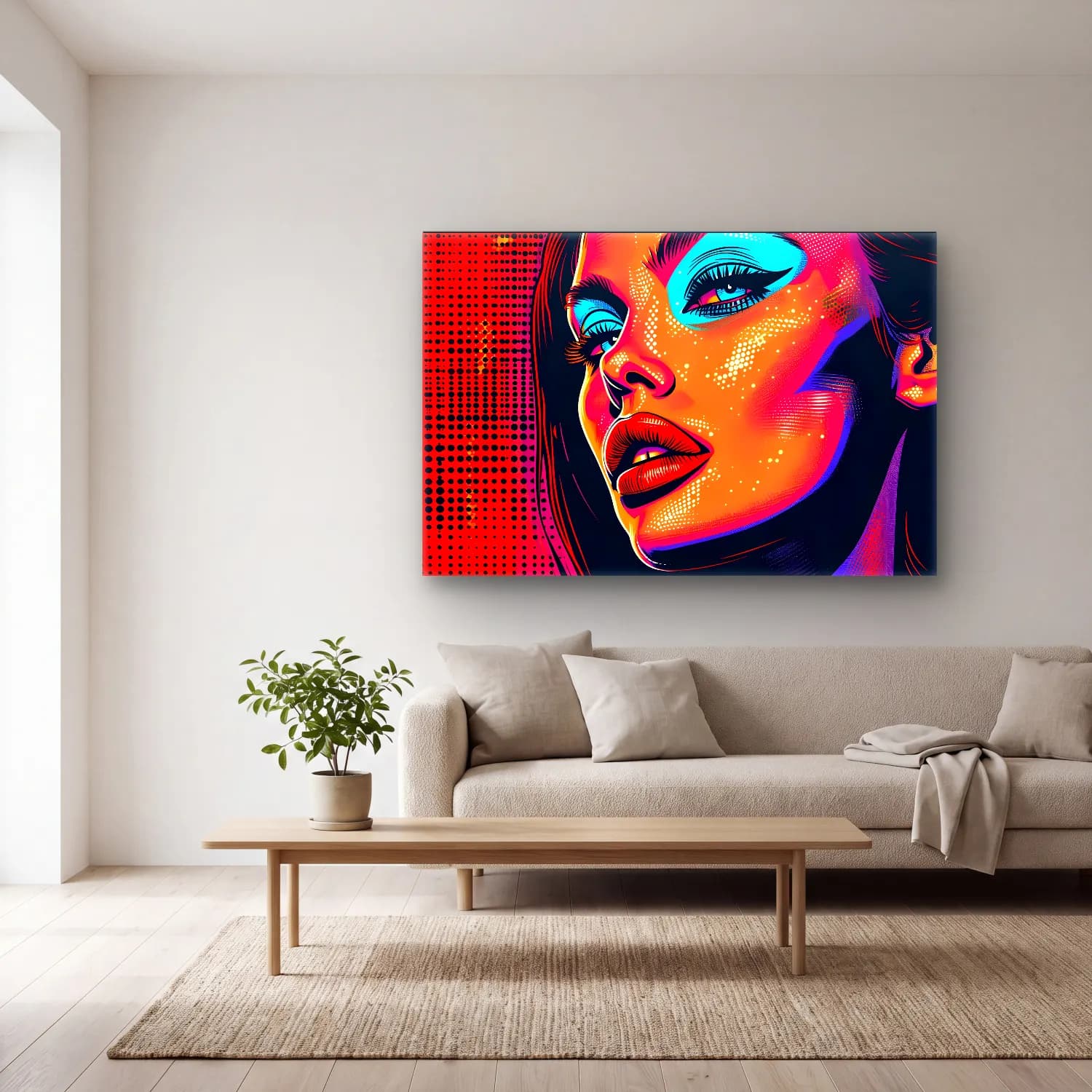 Pop Art Kadın Portresi No. 37 cam tablo — açık renk salonda