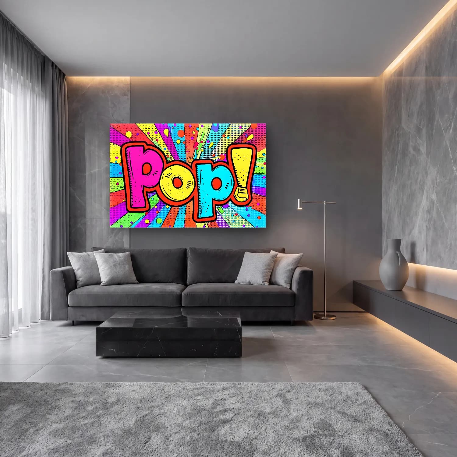 Pop Art Yazılı Tasarım – Sarı Tonlar cam tablo — lüks salon duvarında