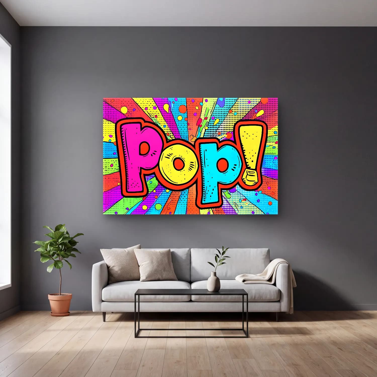 Pop Art Yazılı Tasarım – Sarı Tonlar cam tablo — gri duvarlı salonda