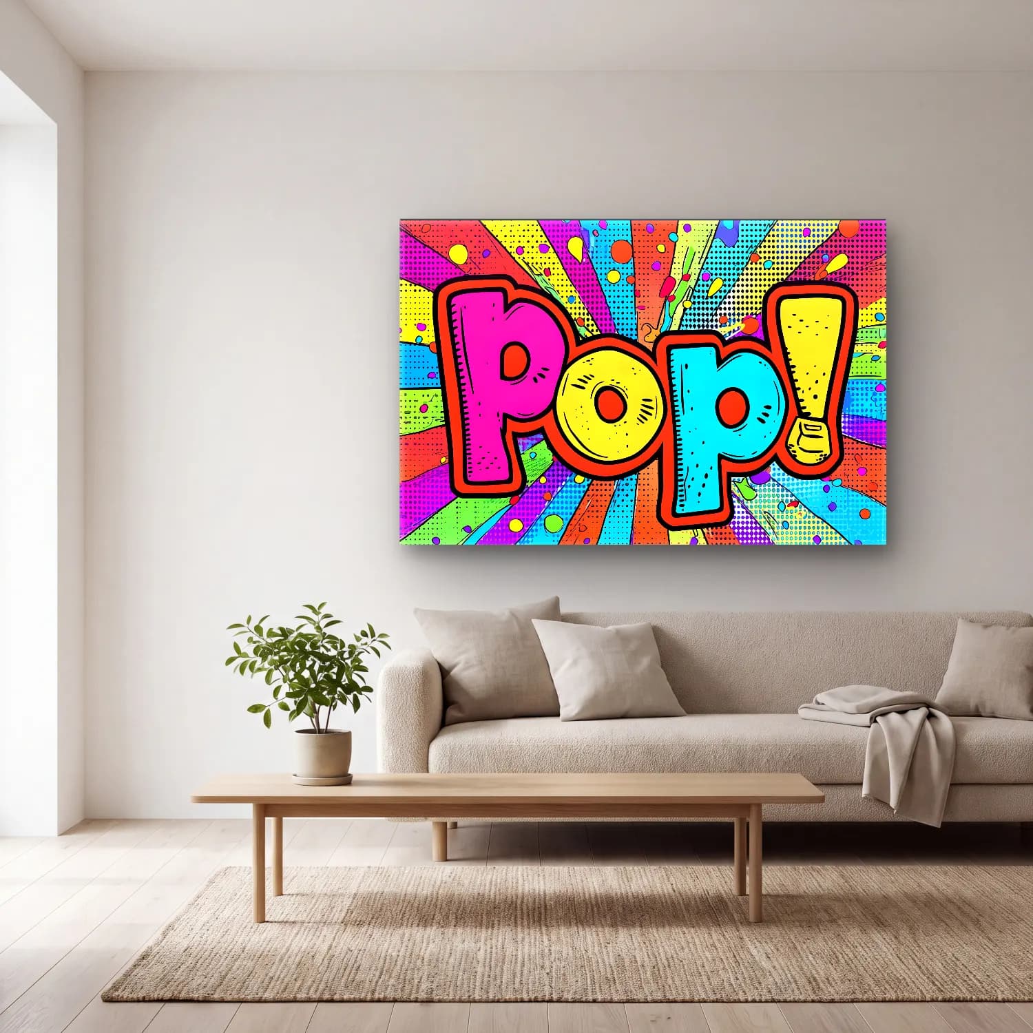 Pop Art Yazılı Tasarım – Sarı Tonlar cam tablo — açık renk salonda