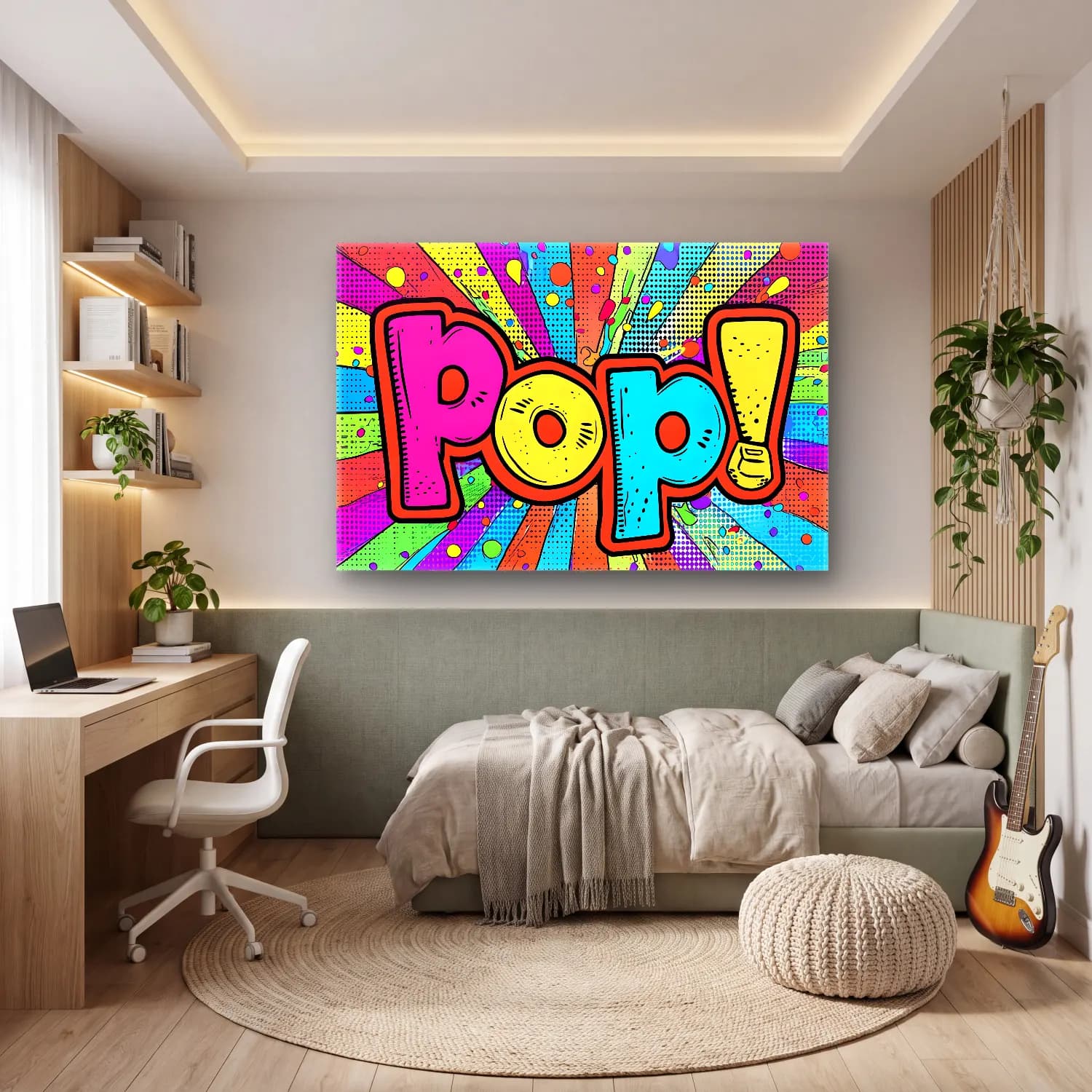 Pop Art Yazılı Tasarım – Sarı Tonlar cam tablo — genç odasında