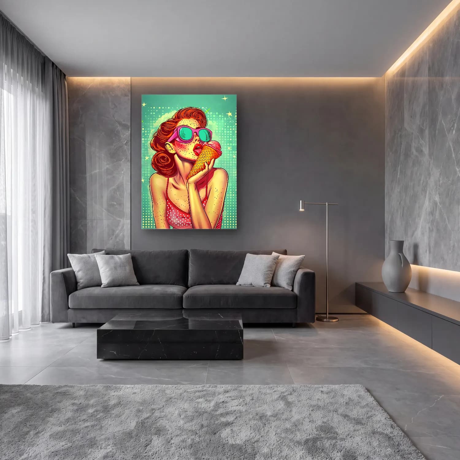 Pop Art Dondurma No. 8 cam tablo — lüks salon duvarında