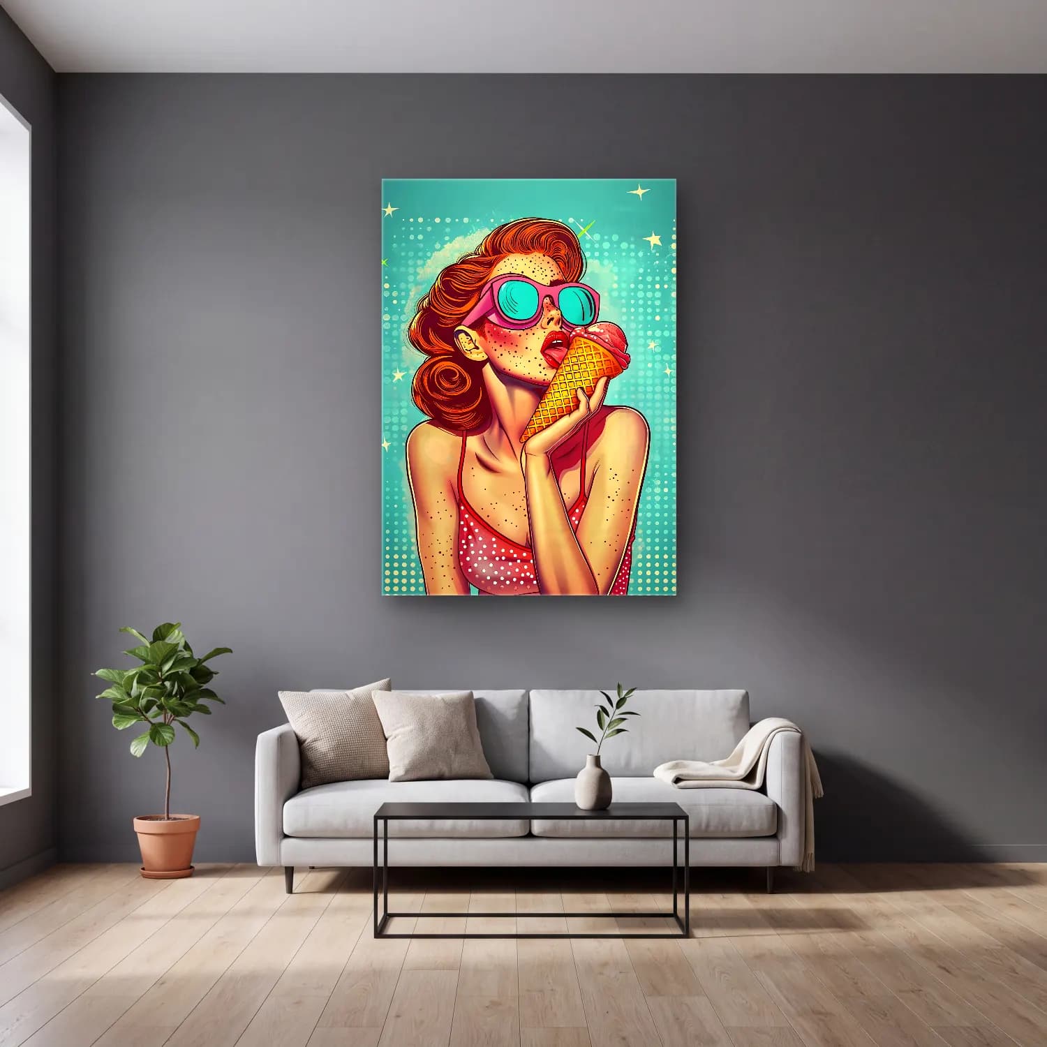 Pop Art Dondurma No. 8 cam tablo — gri duvarlı salonda