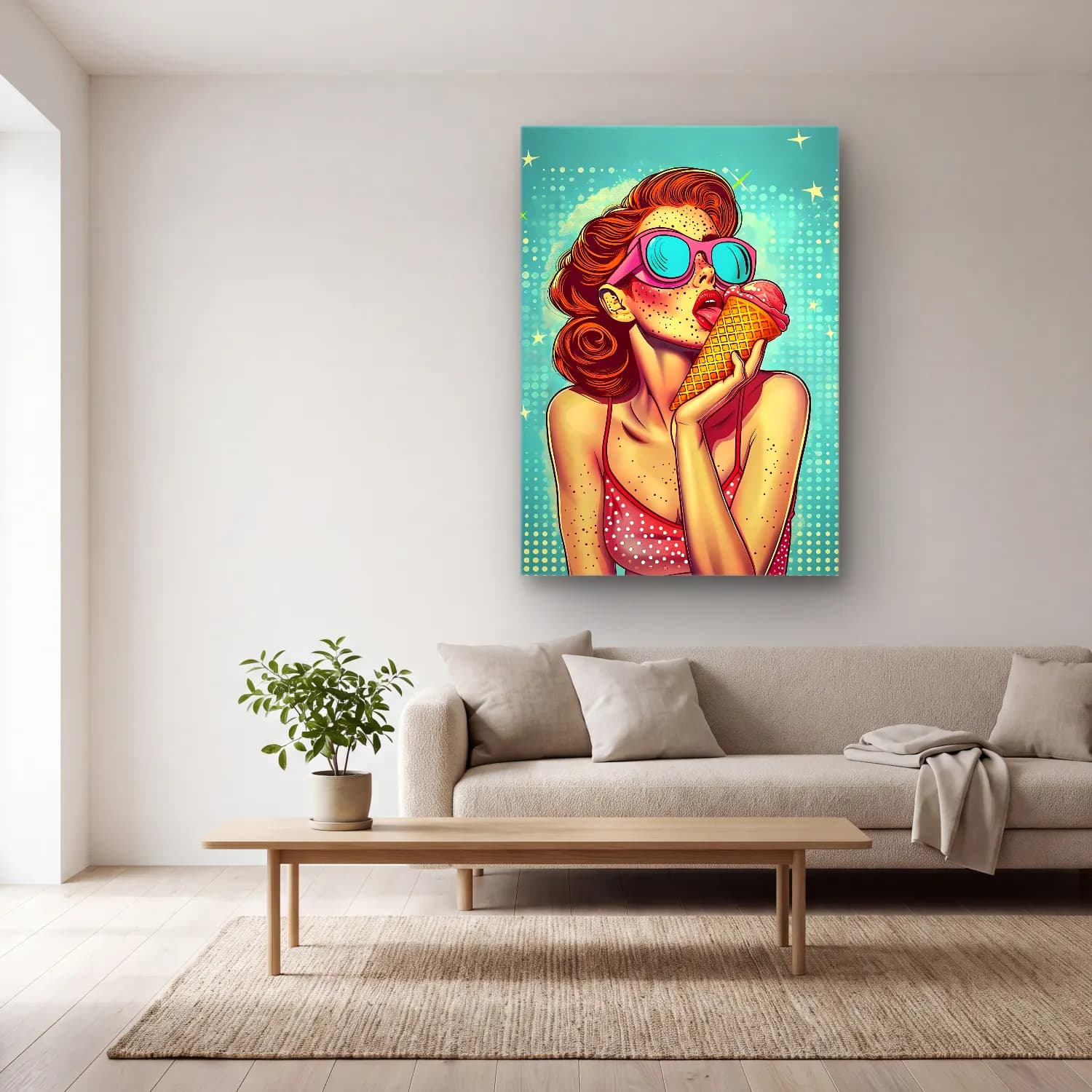 Pop Art Dondurma No. 8 cam tablo — açık renk salonda