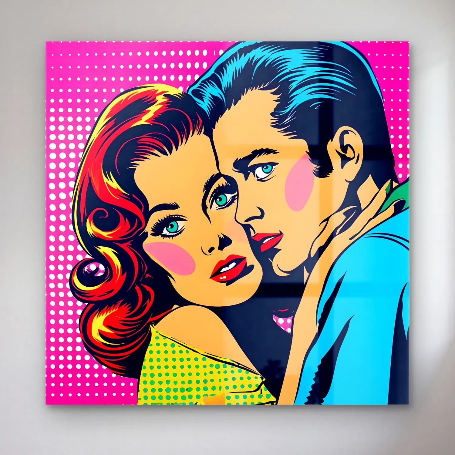 Pop Art Aşıklar – Turkuaz Tonlar cam tablo — Pop Art Aşıklar – Turkuaz Tonlar — pop art aşıklar