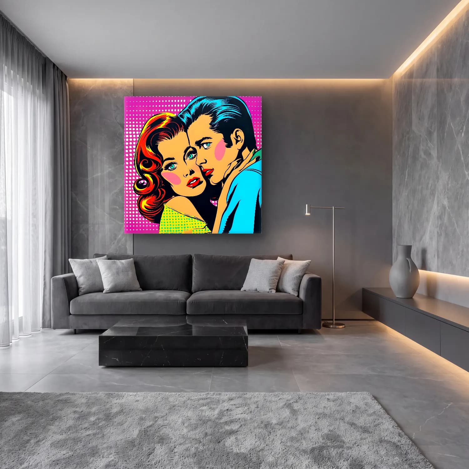 Pop Art Aşıklar – Turkuaz Tonlar cam tablo — lüks salon duvarında