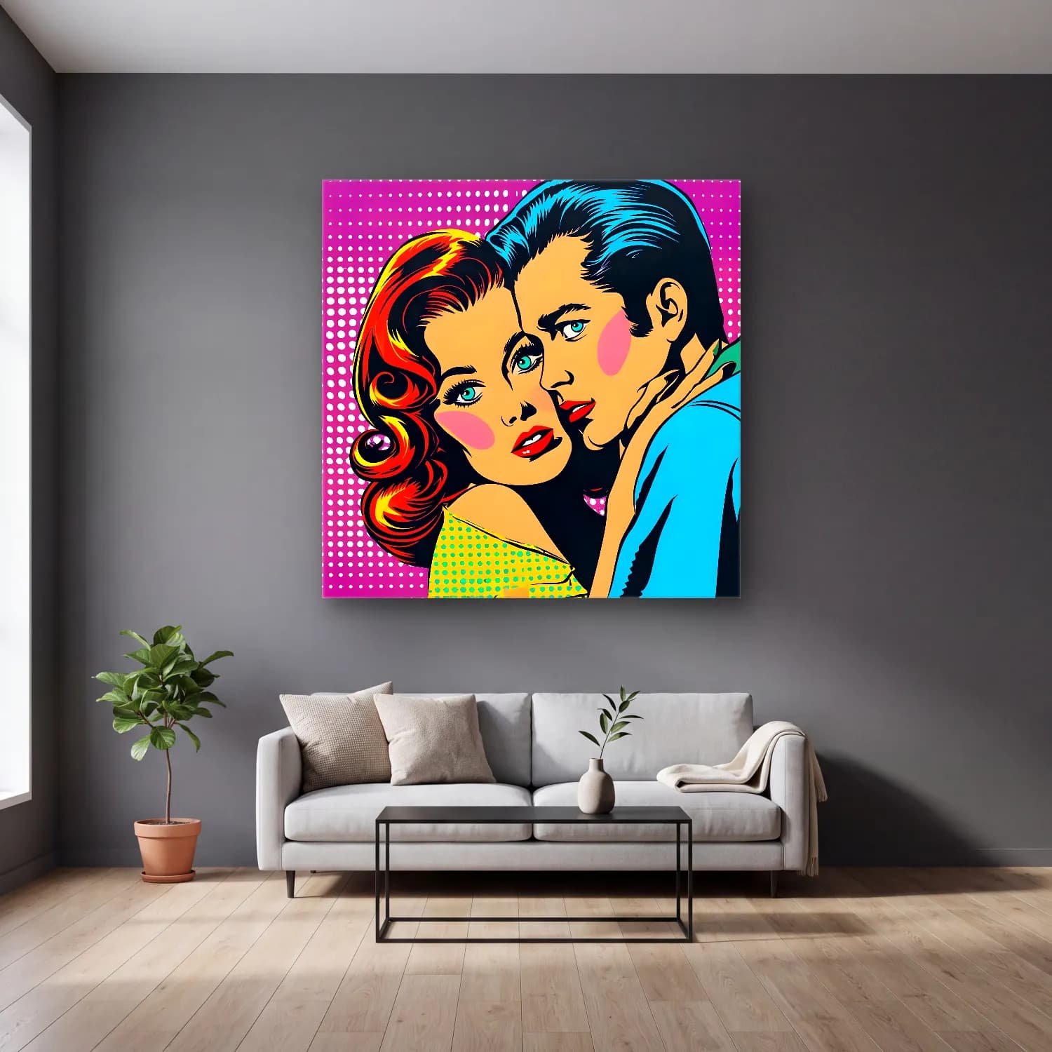 Pop Art Aşıklar – Turkuaz Tonlar cam tablo — gri duvarlı salonda