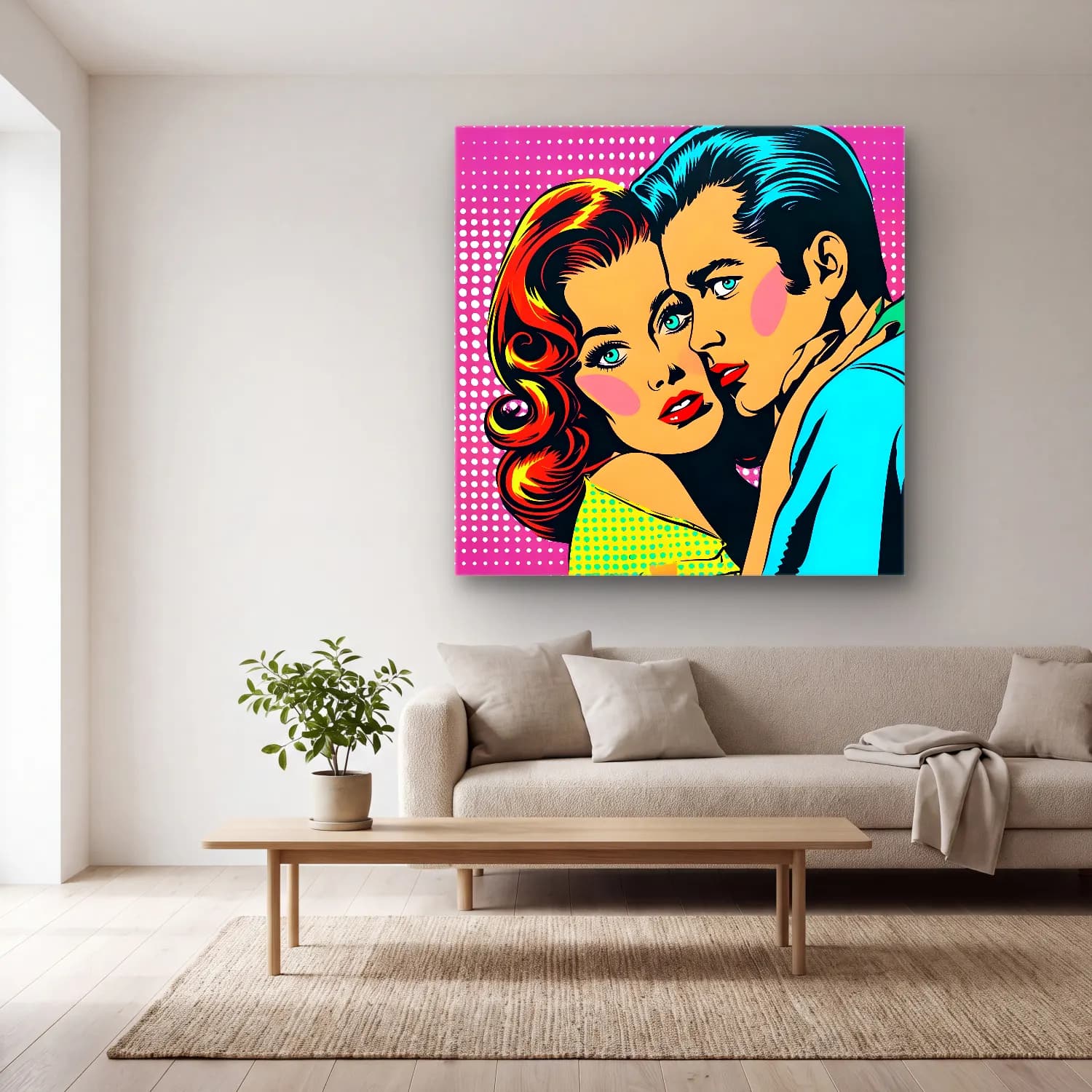 Pop Art Aşıklar – Turkuaz Tonlar cam tablo — açık renk salonda