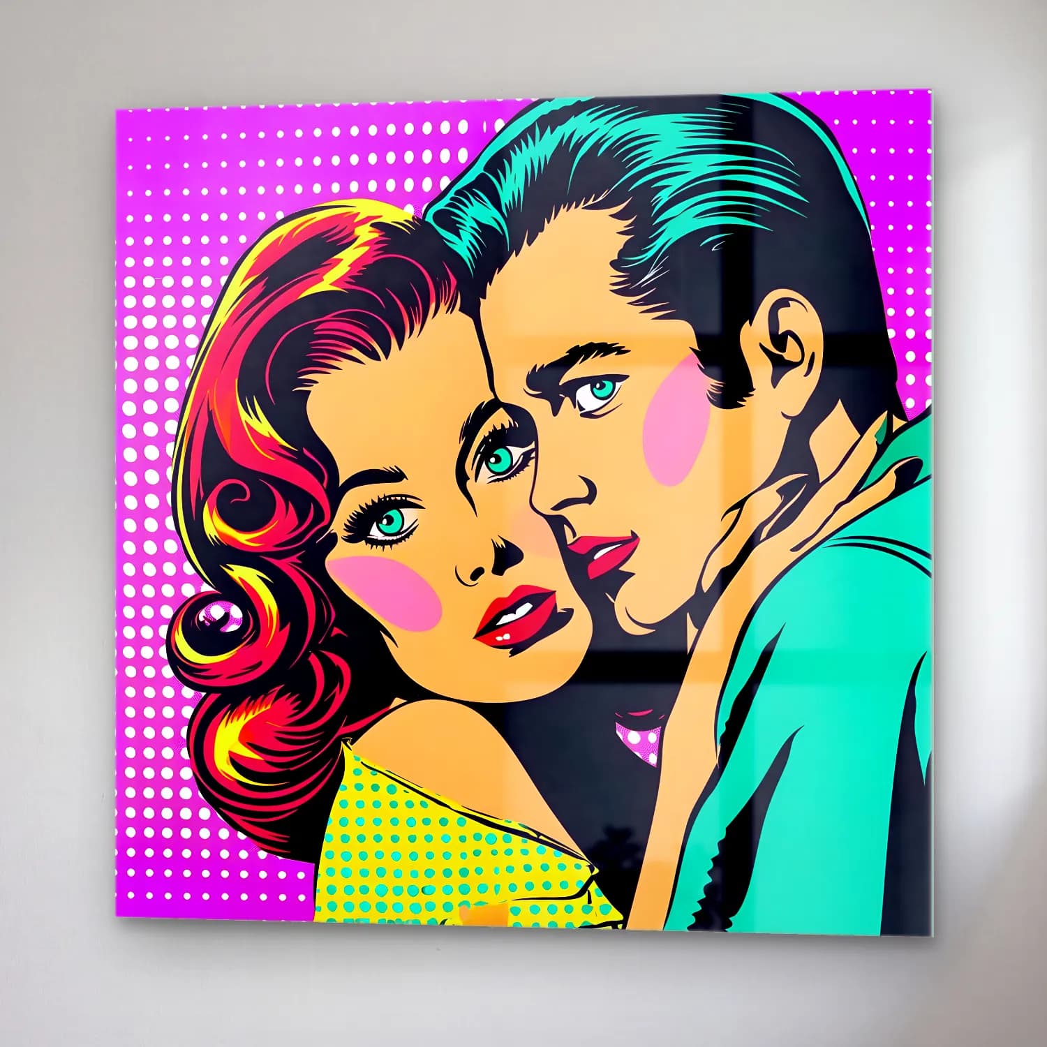 Pop Art Aşıklar – Turkuaz Tonlar cam tablo — sağ açıdan görünüm