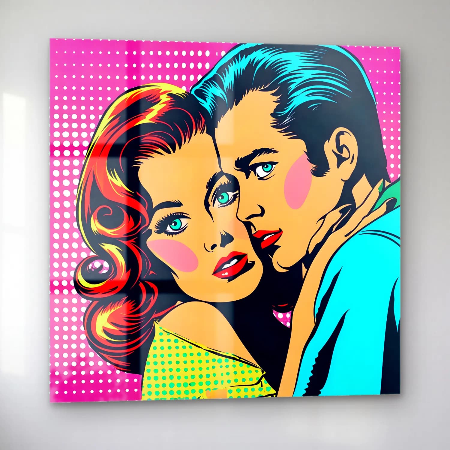 Pop Art Aşıklar – Turkuaz Tonlar cam tablo — sol açıdan görünüm