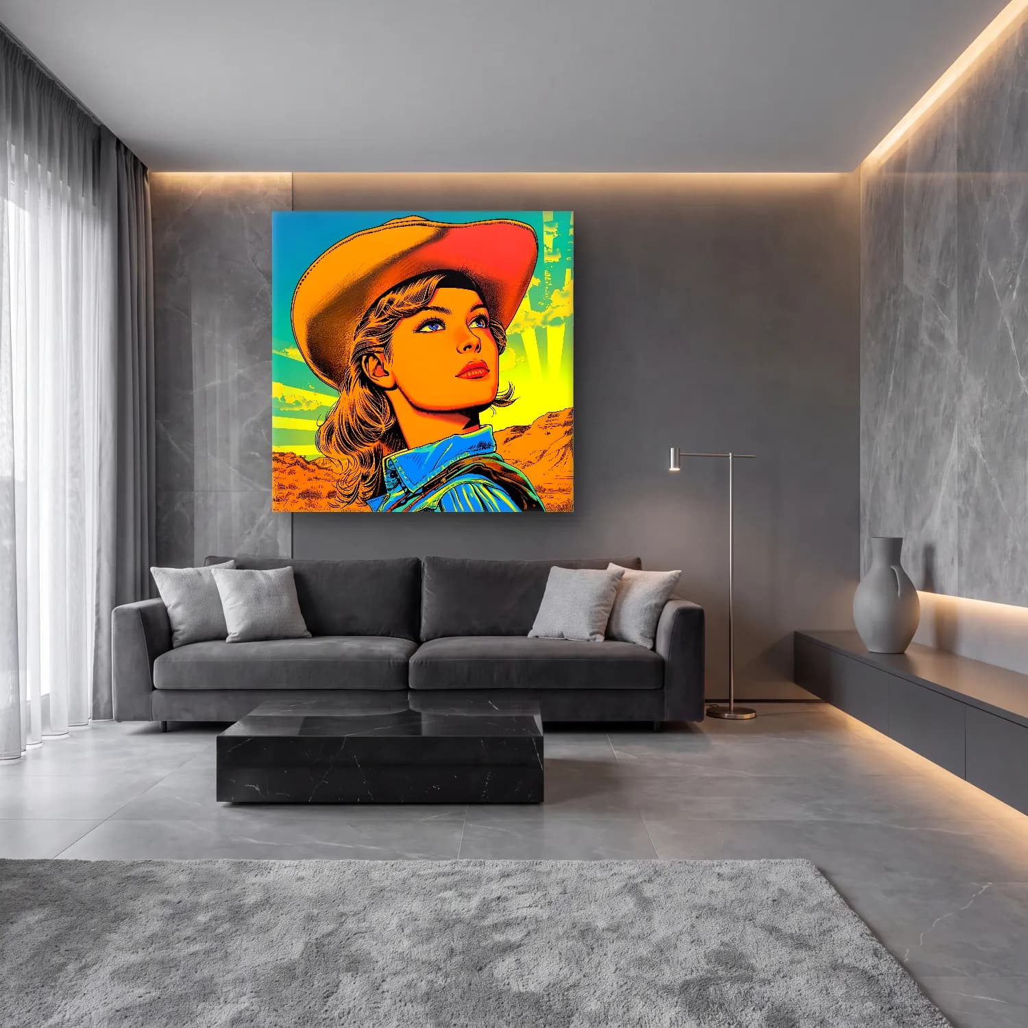 Pop Art Şapkalı Kadın No. 14 cam tablo — lüks salon duvarında