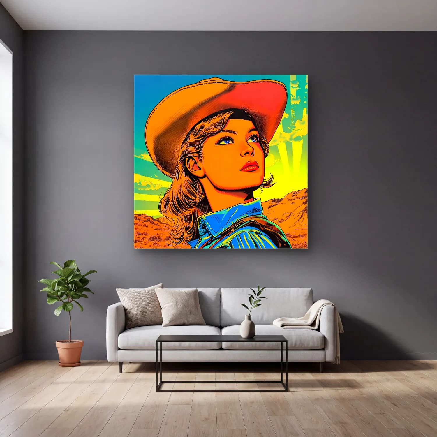Pop Art Şapkalı Kadın No. 14 cam tablo — gri duvarlı salonda