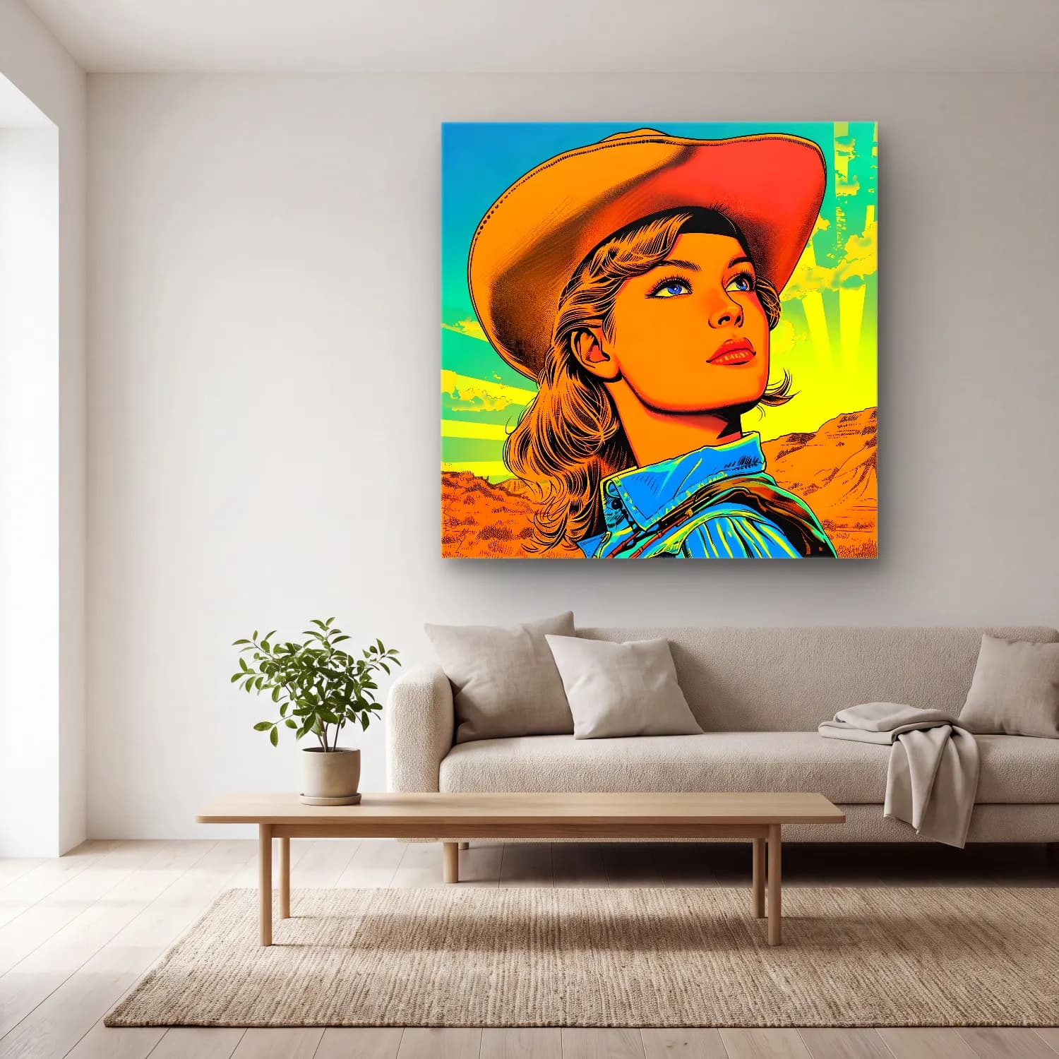 Pop Art Şapkalı Kadın No. 14 cam tablo — açık renk salonda