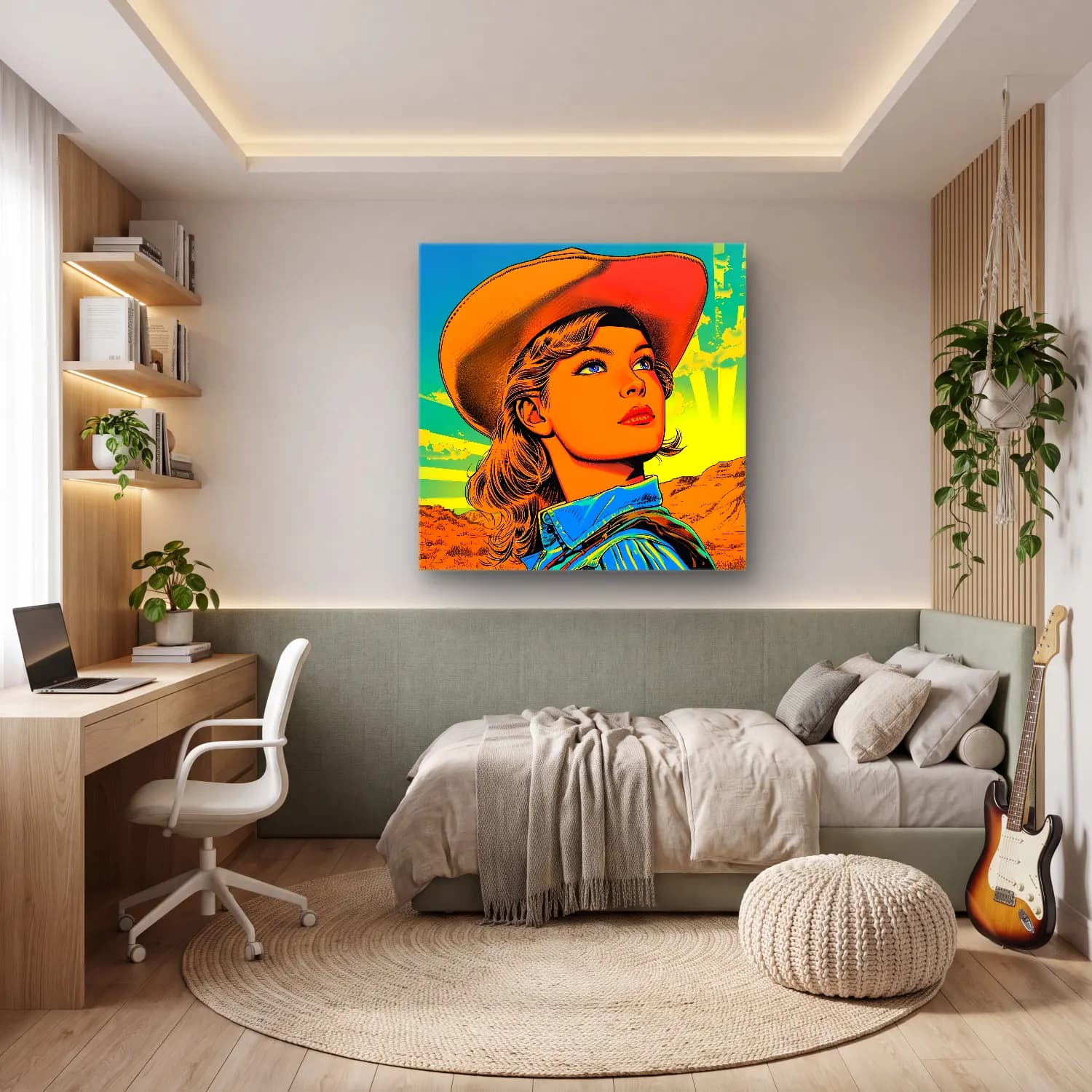 Pop Art Şapkalı Kadın No. 14 cam tablo — genç odasında