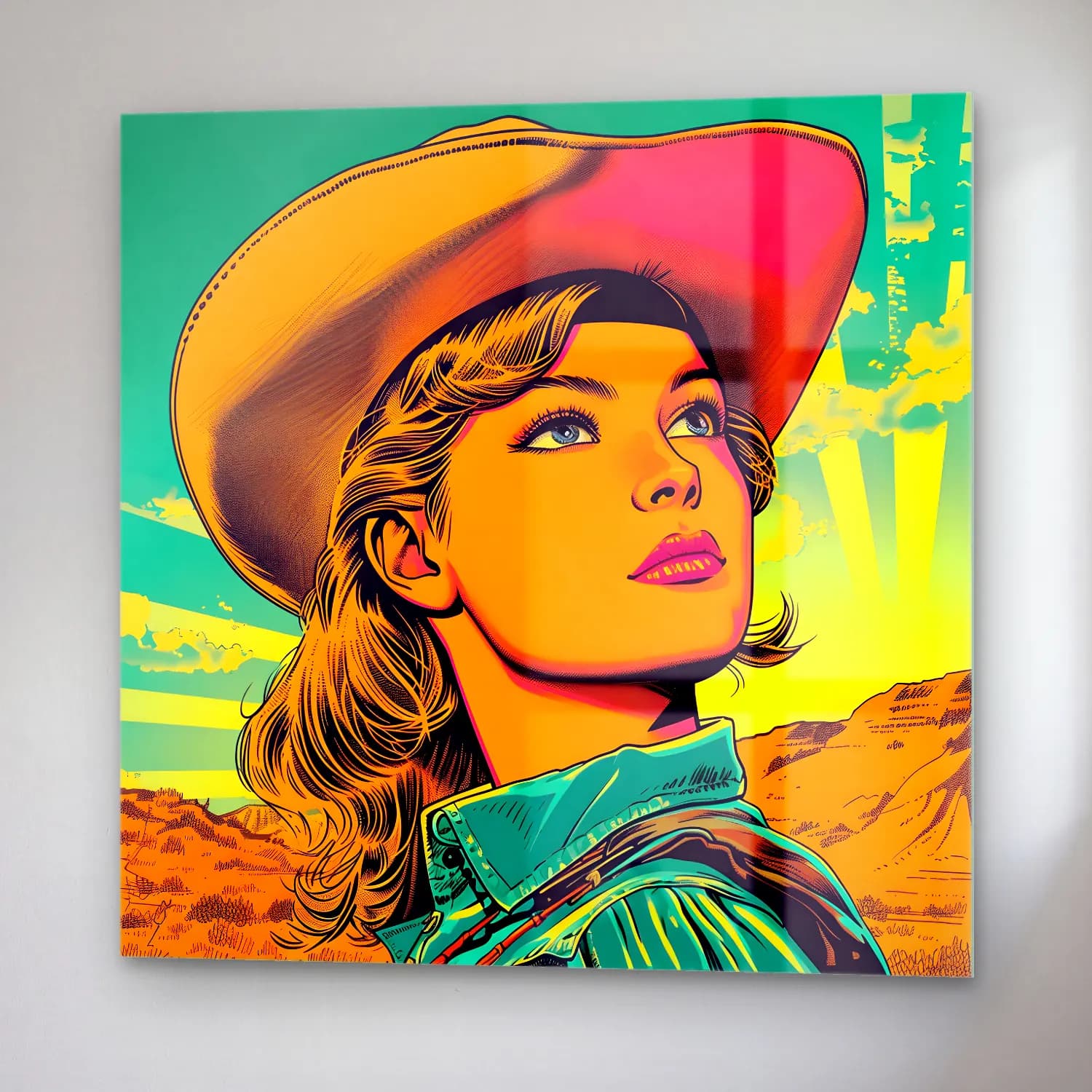 Pop Art Şapkalı Kadın No. 14 cam tablo — sağ açıdan görünüm