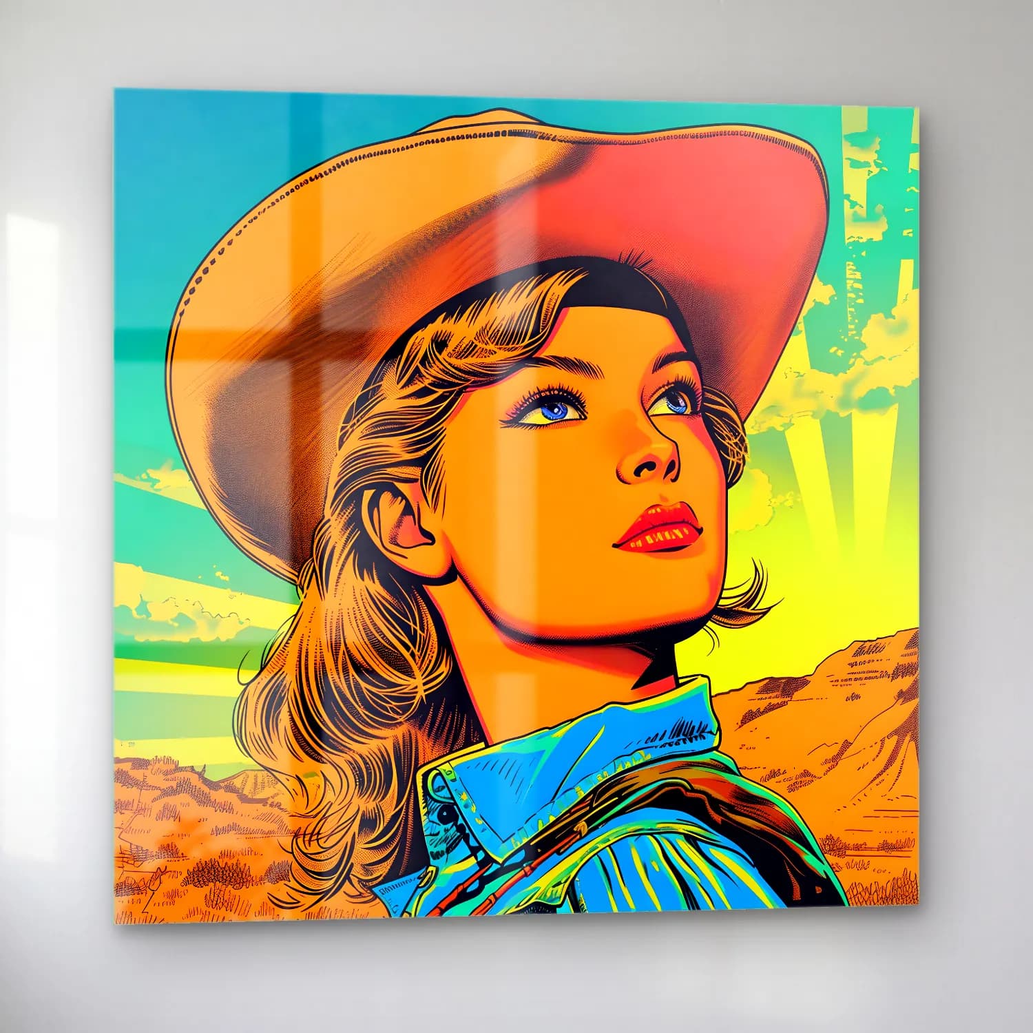 Pop Art Şapkalı Kadın No. 14 cam tablo — sol açıdan görünüm
