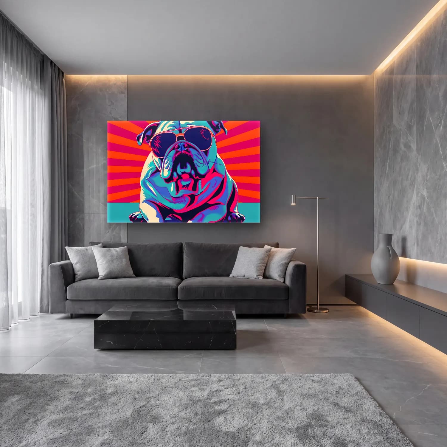 Pop Art Köpek – Mor Tonlar cam tablo — lüks salon duvarında