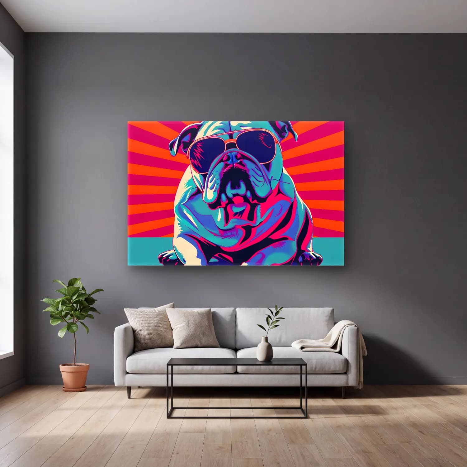 Pop Art Köpek – Mor Tonlar cam tablo — gri duvarlı salonda