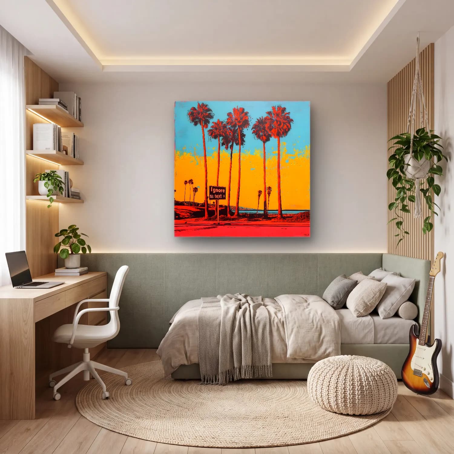 Pop Art Palmiyeli Tropik Sahil – Turuncu Tonlar cam tablo — genç odasında