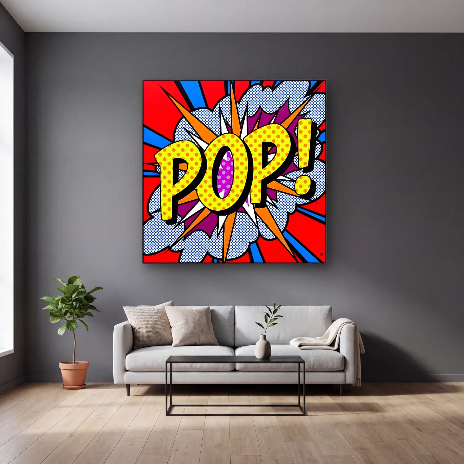 Pop Art Yazılı Tasarım – Kırmızı Tonlar cam tablo — gri duvarlı salonda